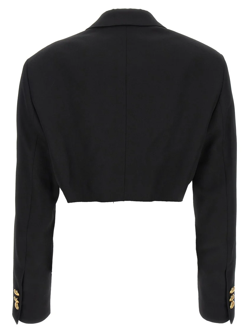 Double-Breasted Cropped Blazer With Gold Button Accents
