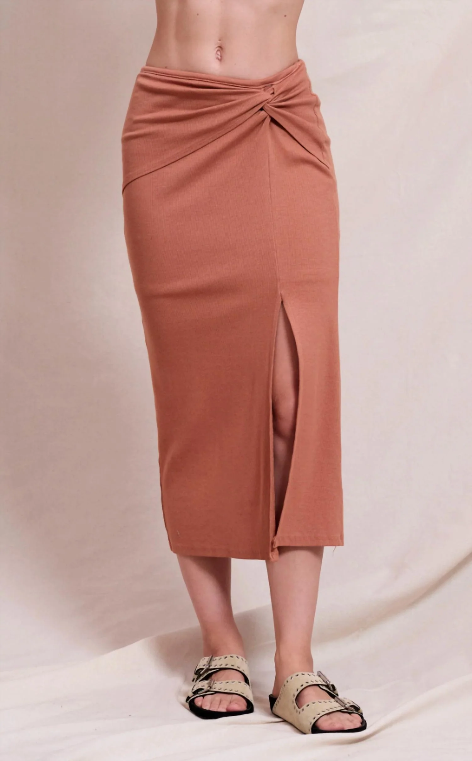 Side Twist Midi Skirt In Vintage Rust