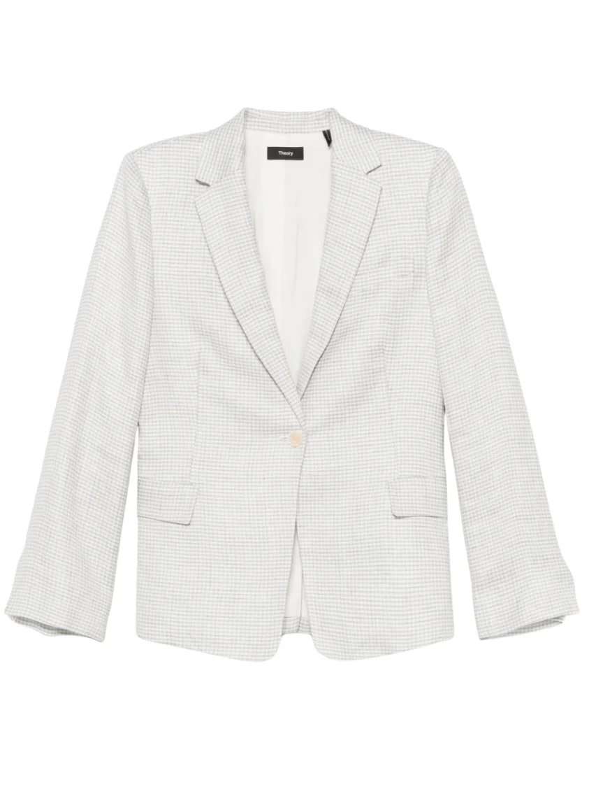 Houndstooth Patterned Linen Blend Blazer