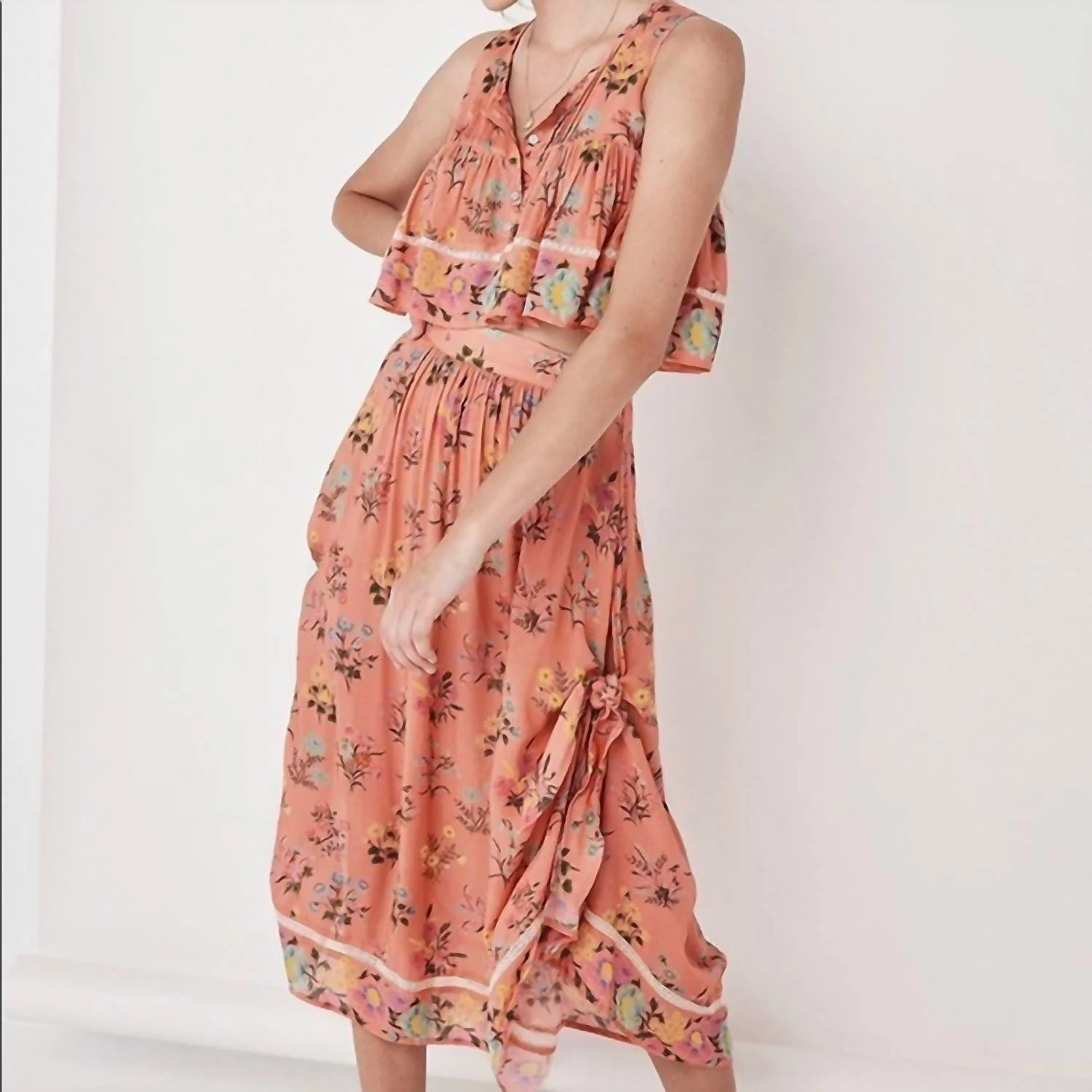 Posy Tie Side Skirt In Peach