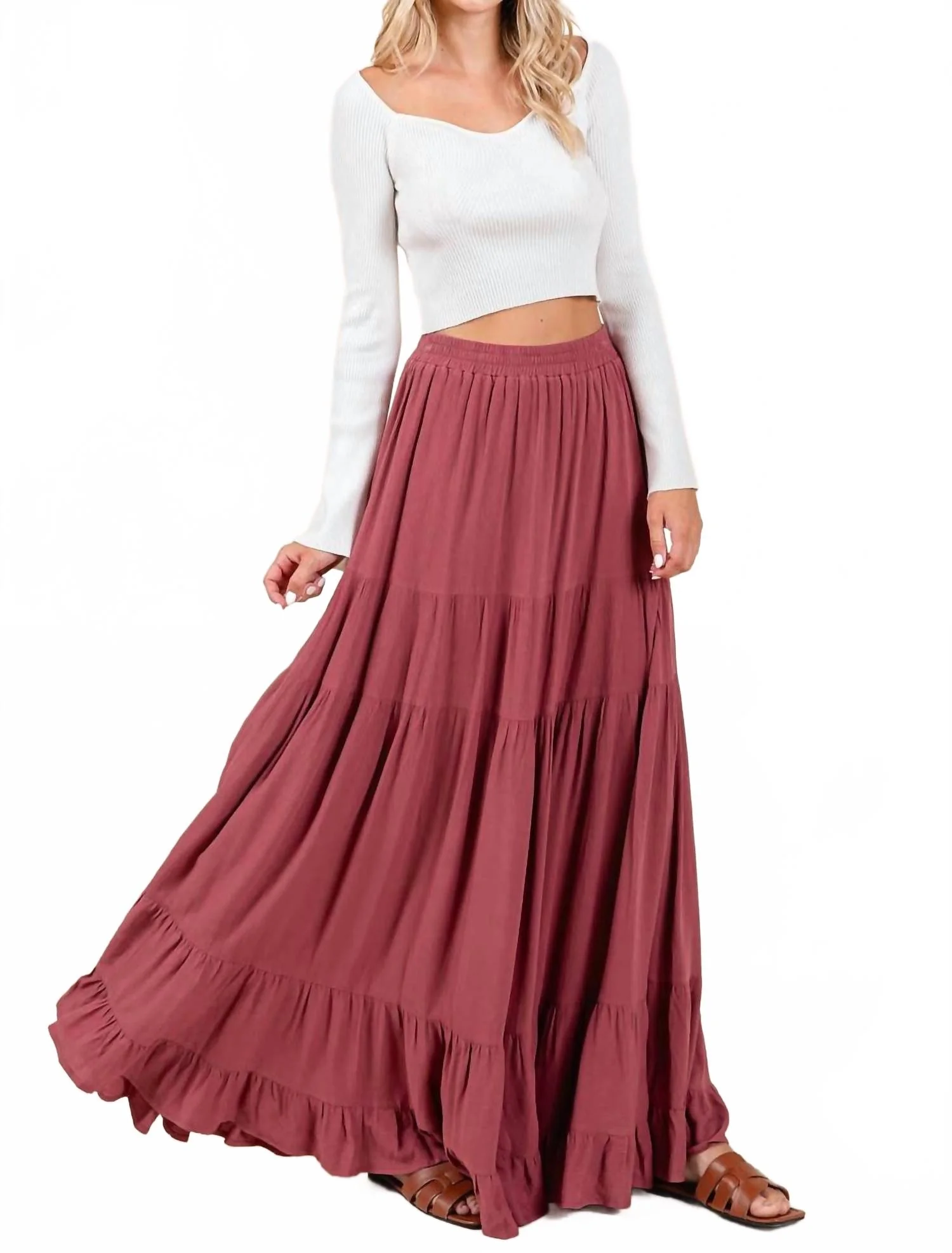 Tiered Flowy Elastic Waist Lined Maxi Skirt In Marsala