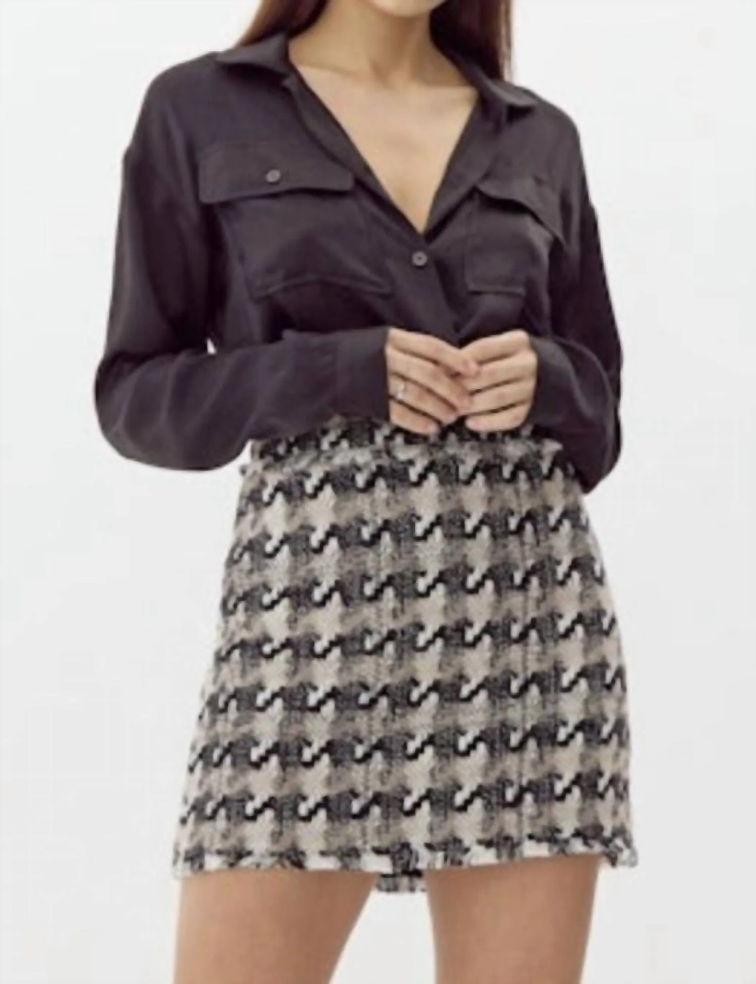 Lenny Houndstooth Tweed Mini Skirt In Black/taupe/white