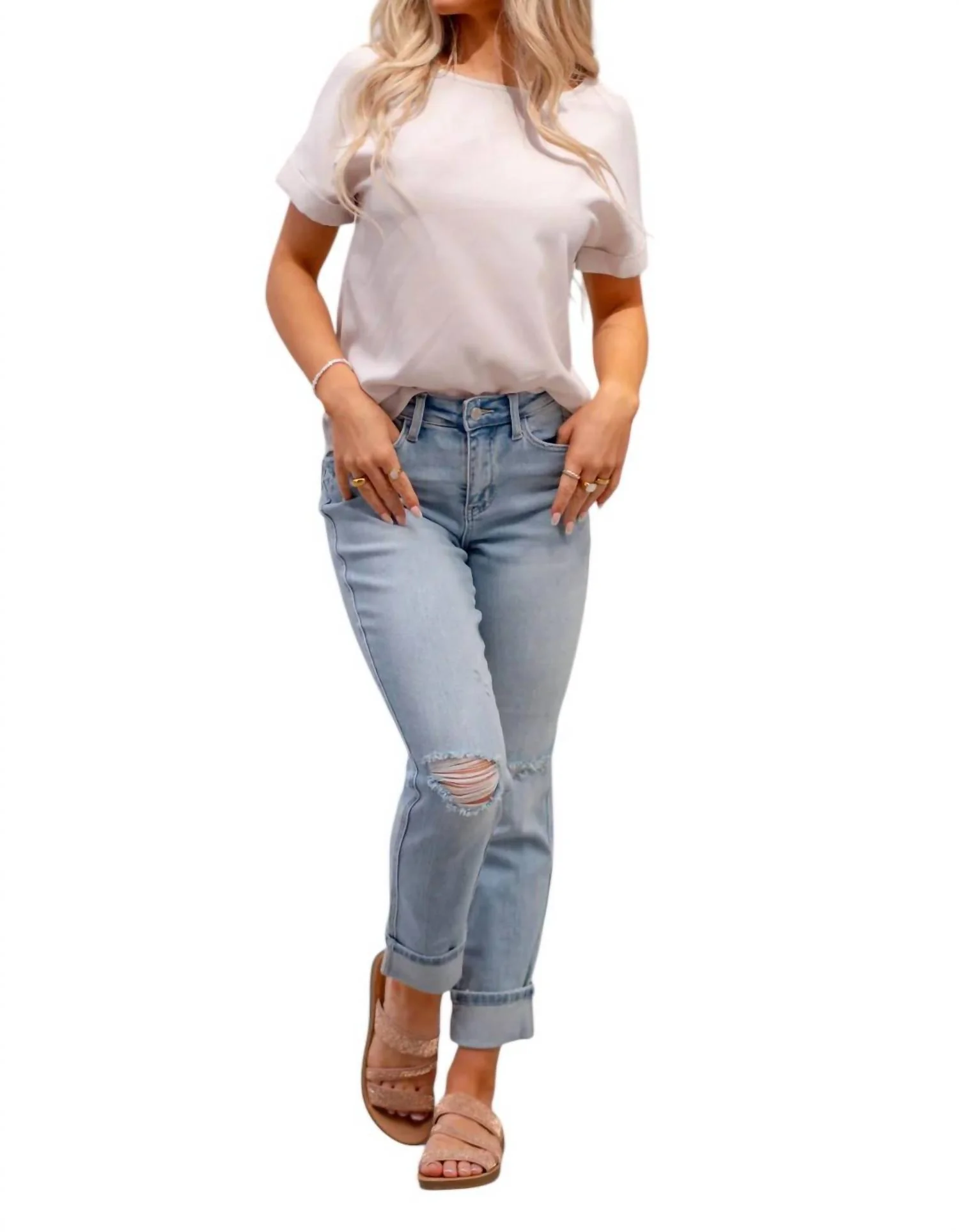 American Stars Mid-Rise Cuffed Boyfriend Jeans In Medium Blue Wash