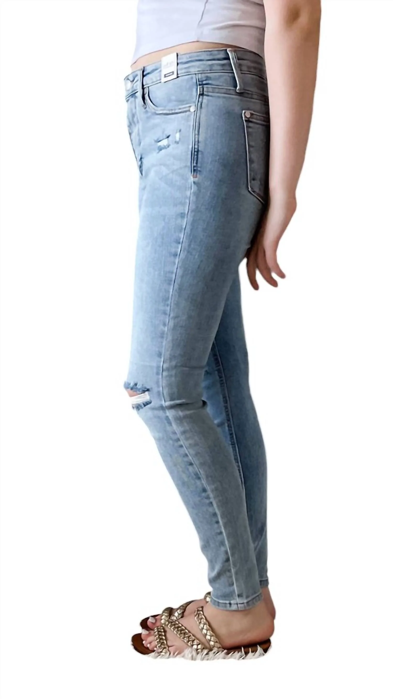 Mid Rise Tummy Control Distressed Jeans In Light Wash