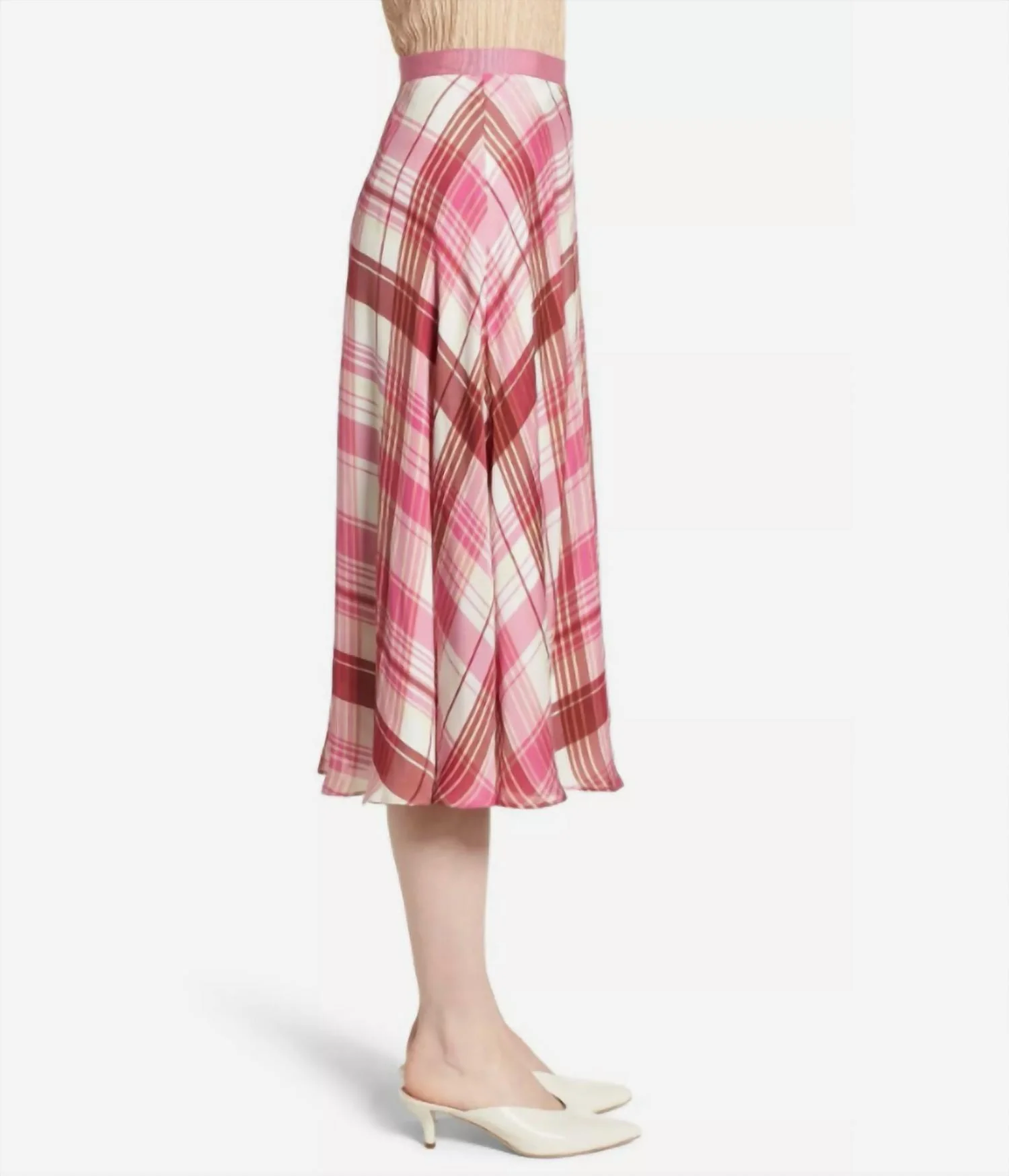 Silk Plaid Aline Slip Midi Skirt In Pink