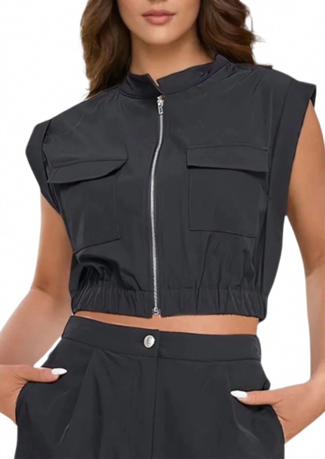 Short Sleeve Vest Top With Rolled Up Short Set In Black