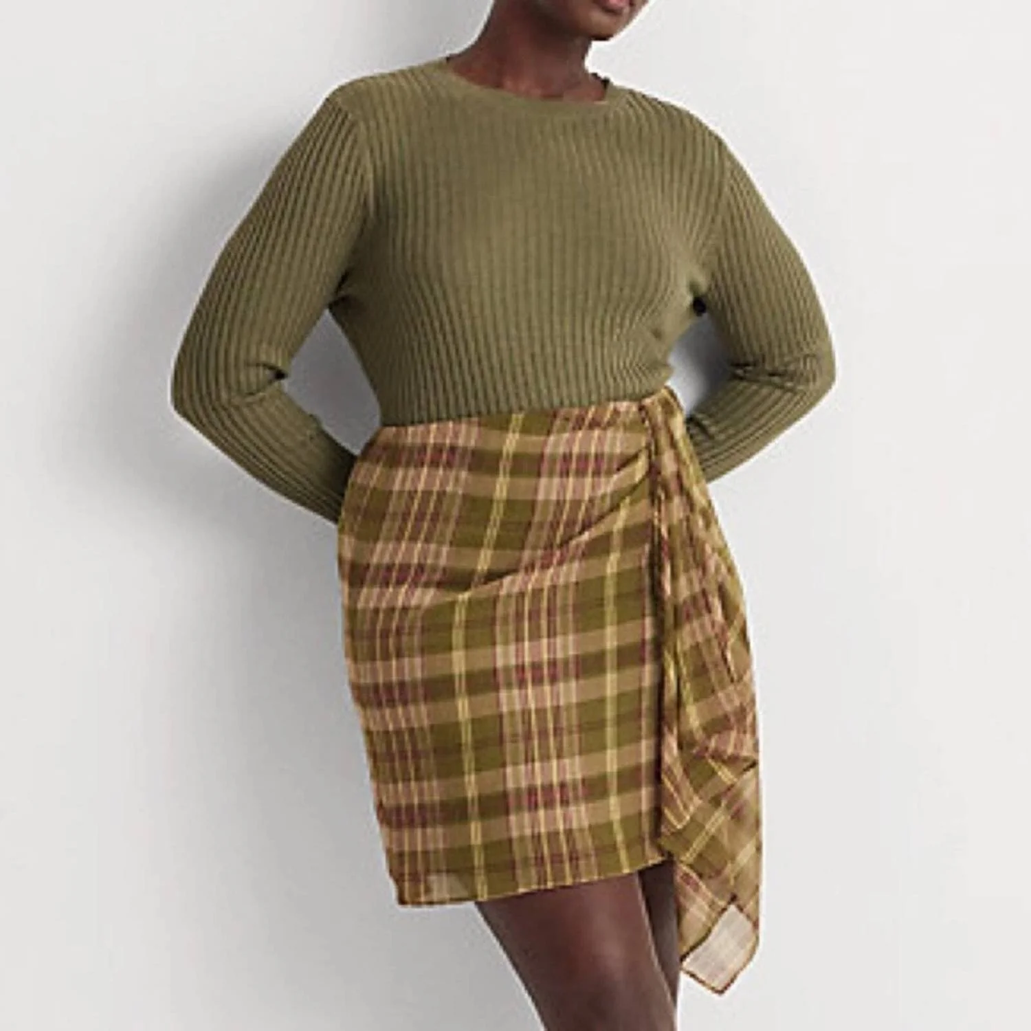 Plaid Ruffle Trim Skirt In Farm Olive