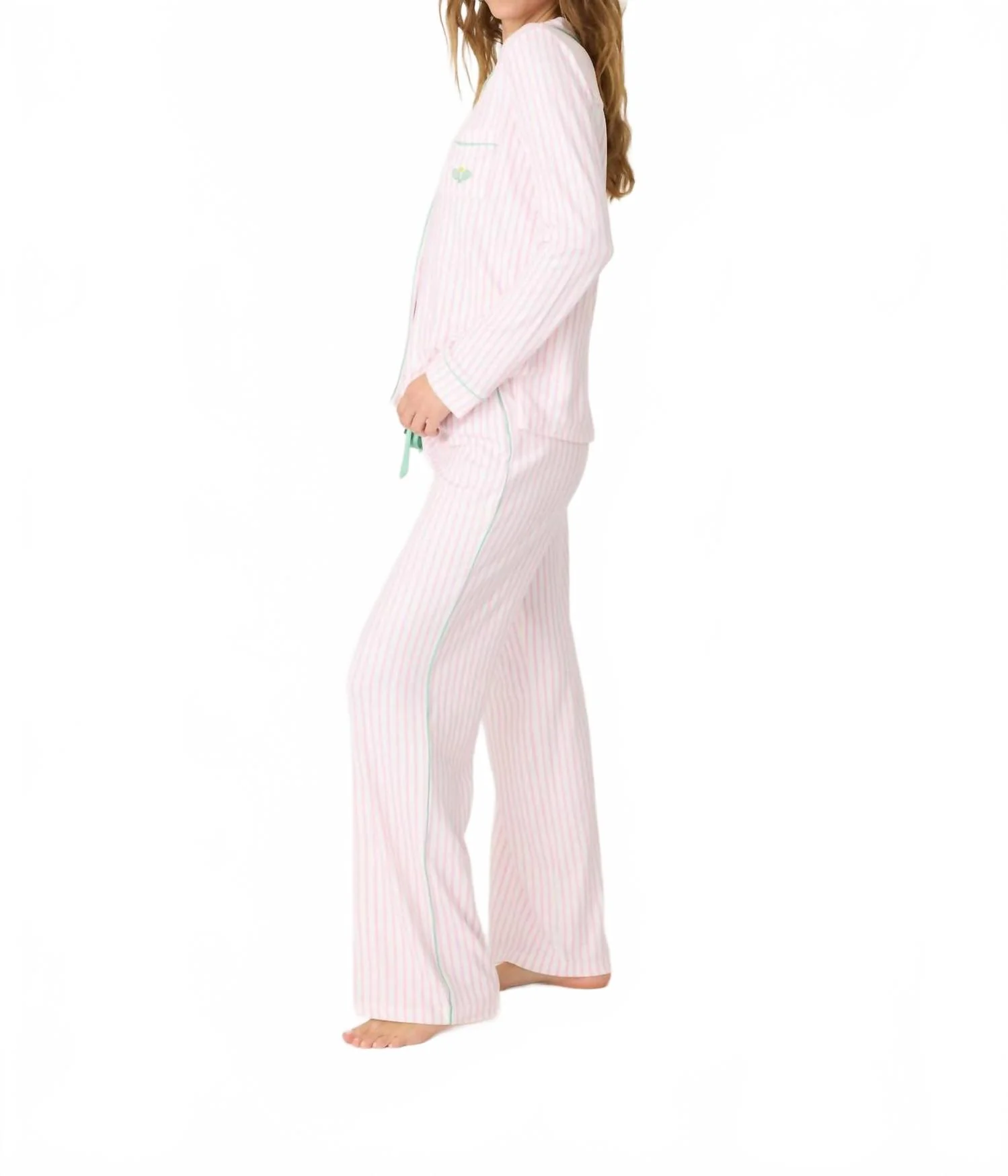 Happiest On The Court Pickleball Striped Pajama Set In Ivory/ Pink