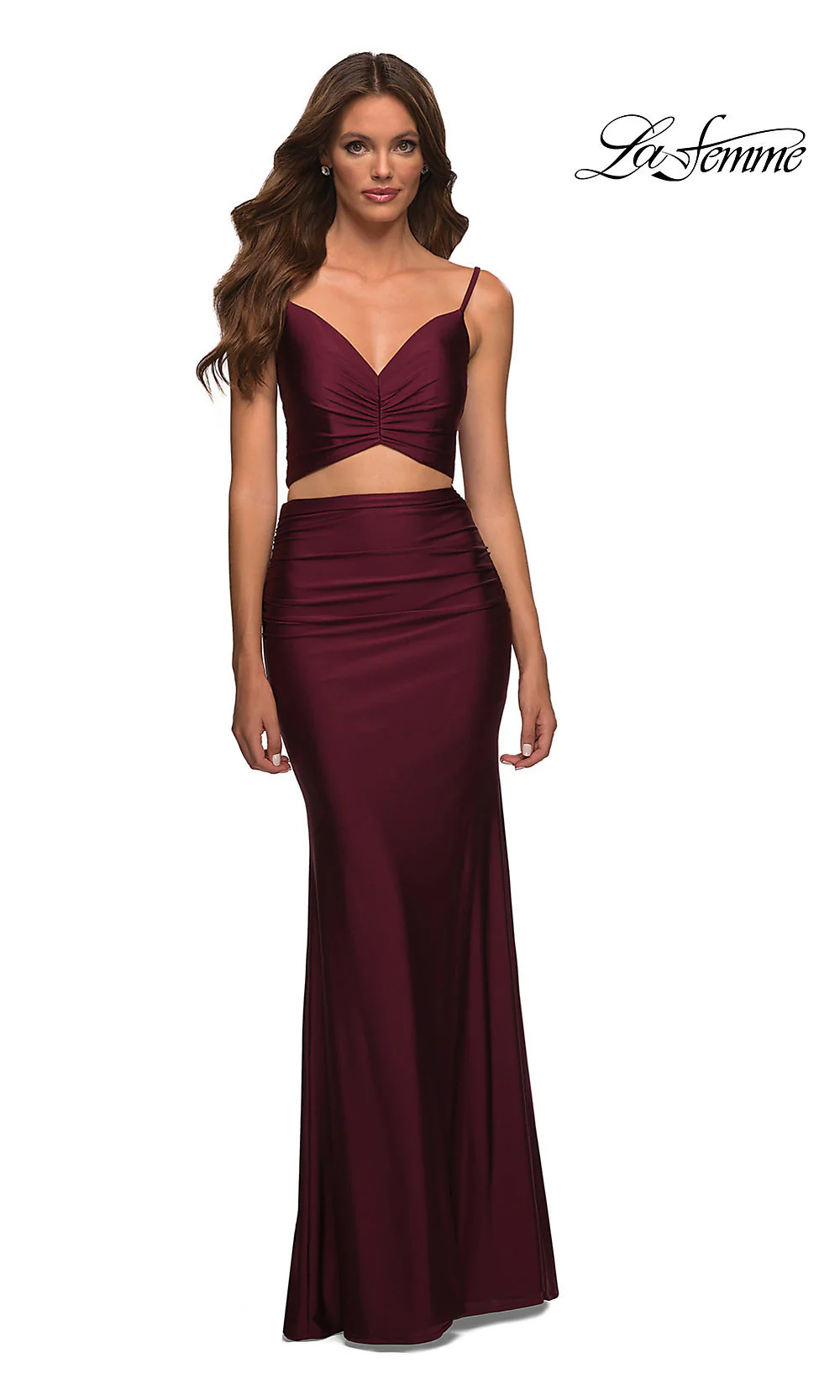 La Femme Two-Piece Dark Berry Red Long Prom Dress