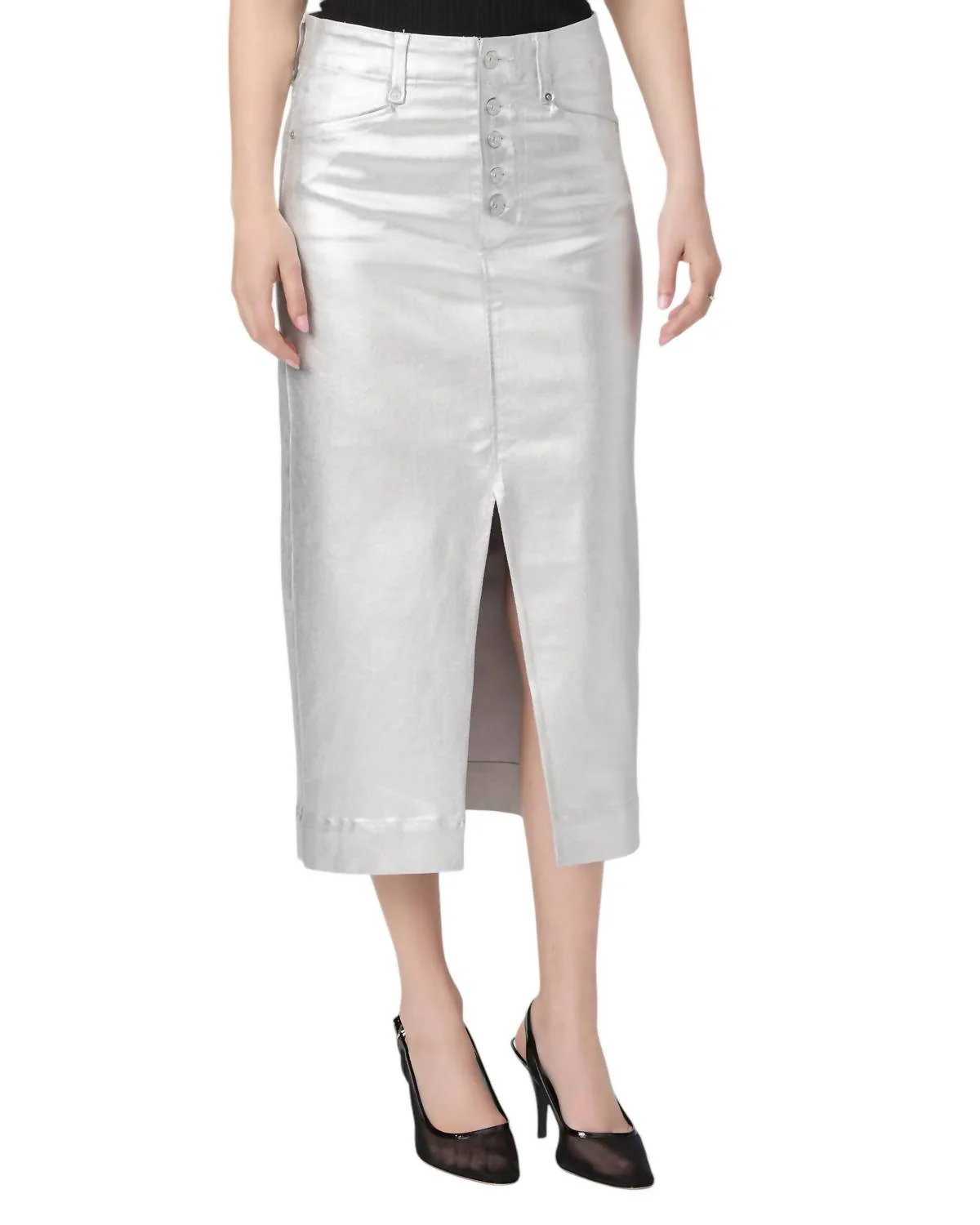 Meadow Midi Skirt In Platinum Silver Luxe Coating