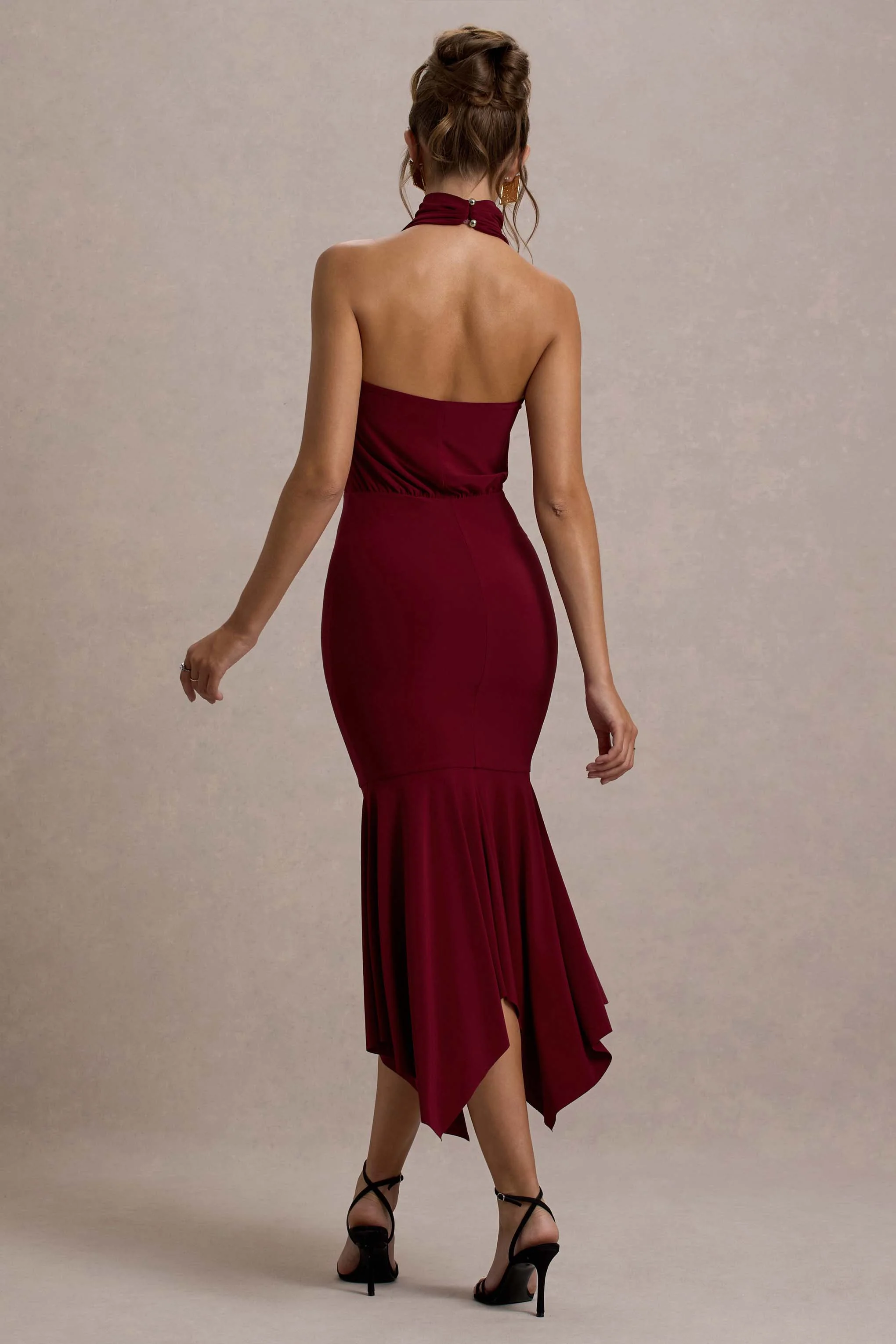 Prianyka | Berry High-Neck Draped Midi Dress