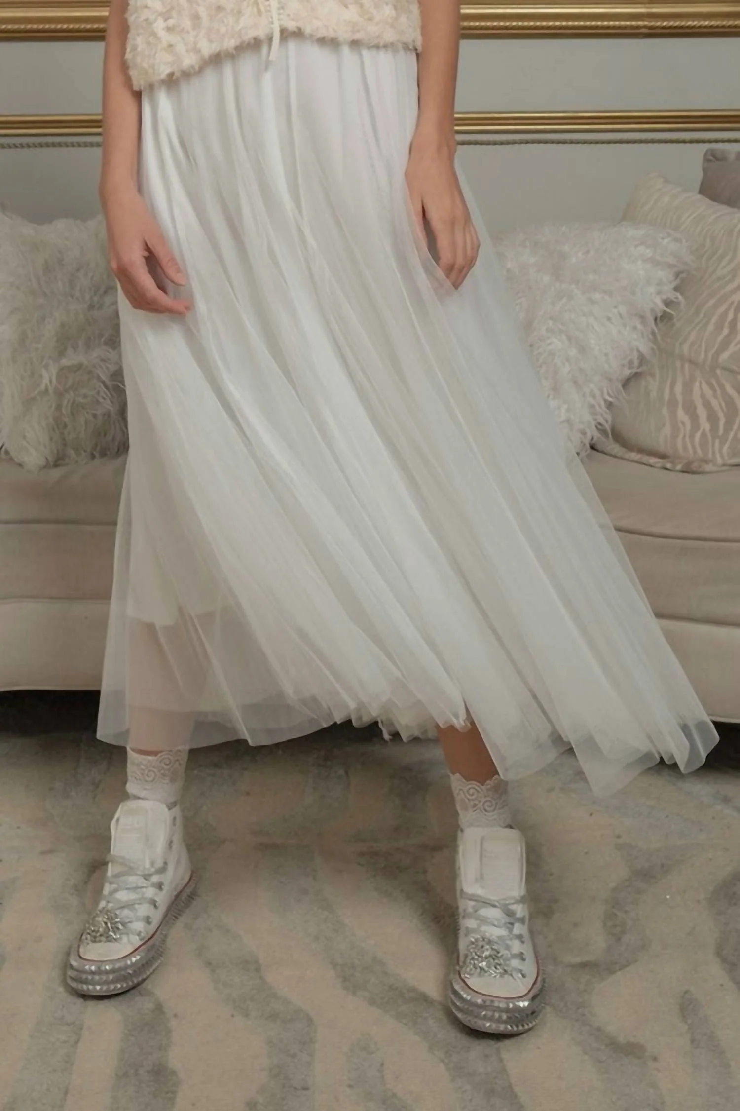 Lace Mesh Layered Midi Skirt In Ivory