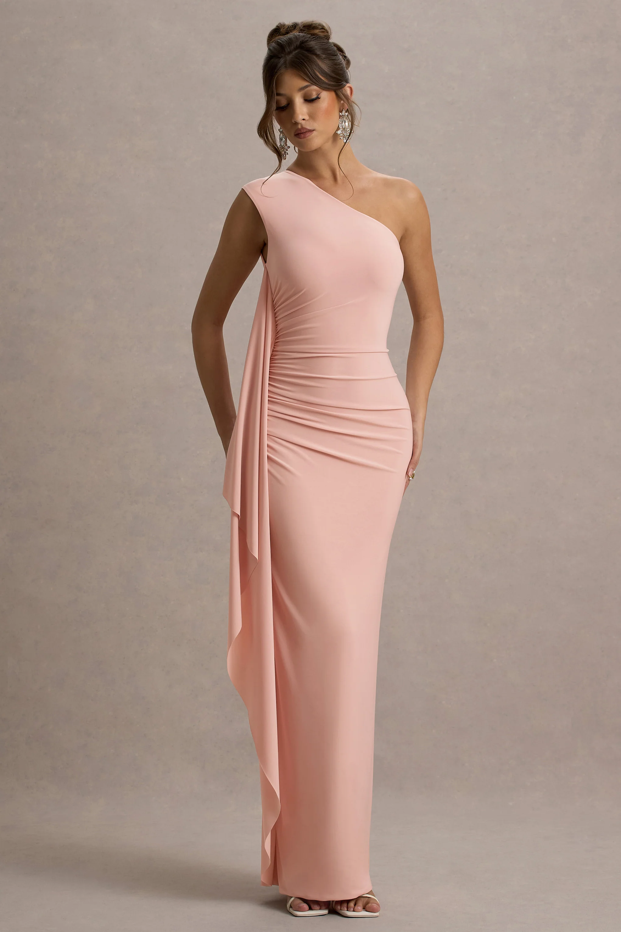 Adelina | Pink One-Shoulder Maxi Dress With Drape