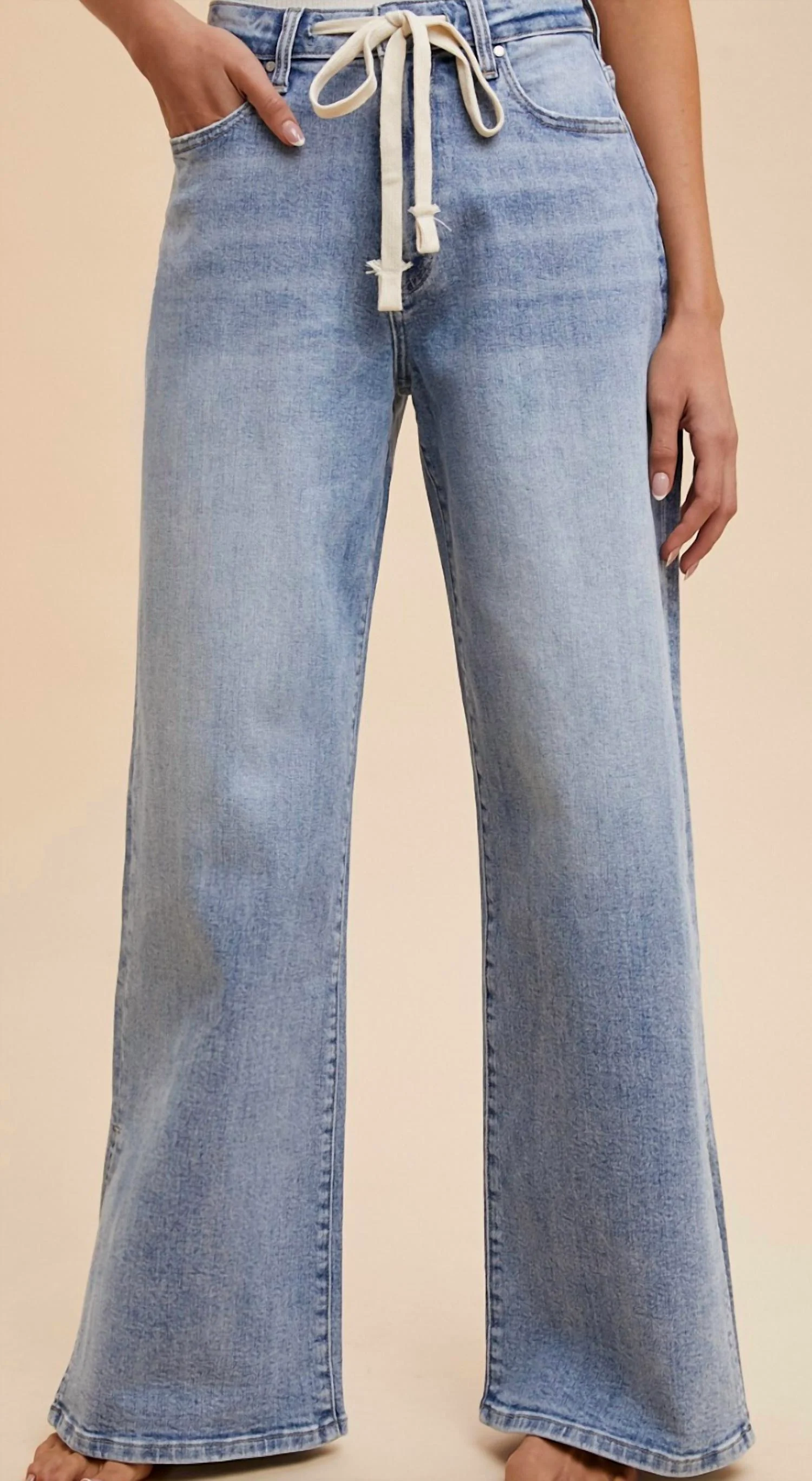 Waist Strap Detail Stretch Side Slit Wide Leg Jean In Blue