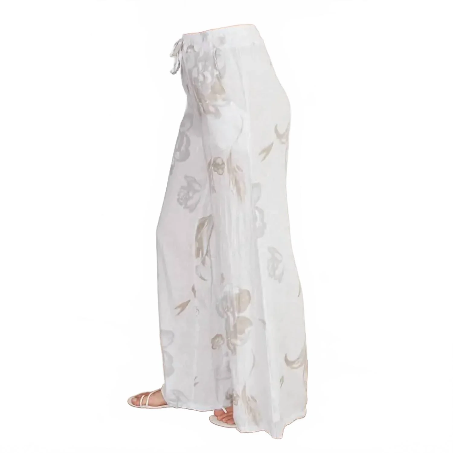 Pansy Floral Drawstring Linen Pants In White/beige