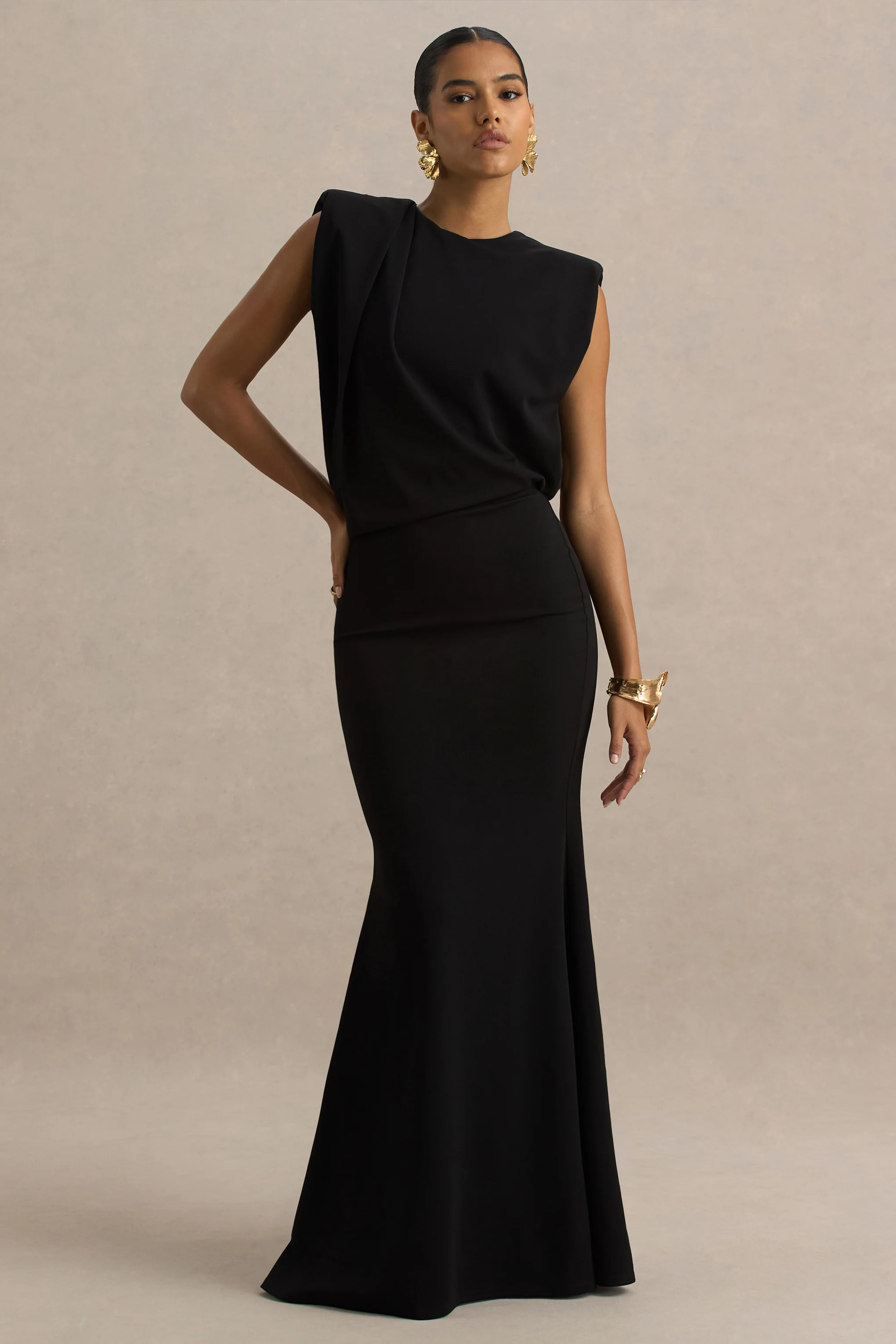Meave | Black High Neck Maxi Dress With Draping Detail