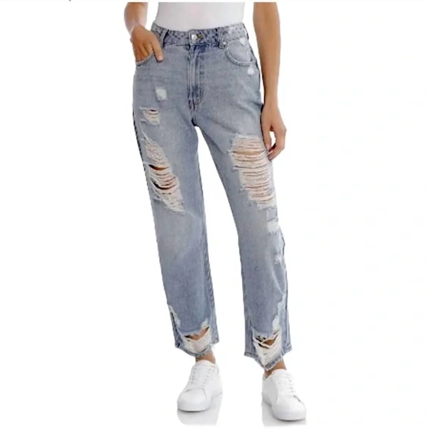 Distressed High Waisted Mom Jeans In Blue