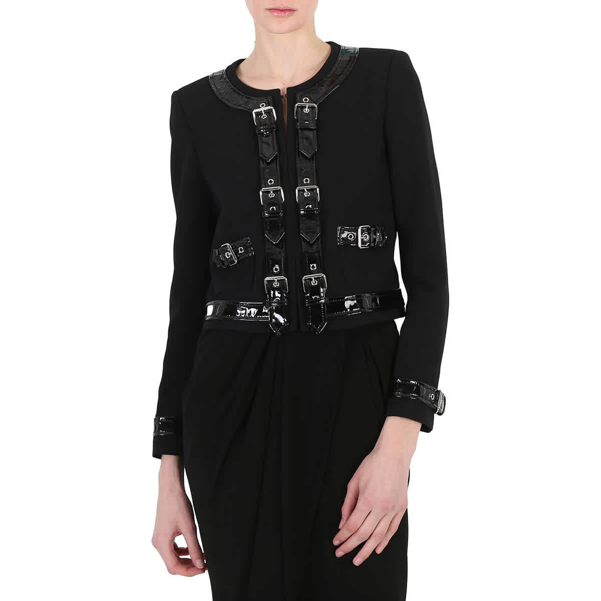 Moschino Black Stretch Cady Vinyl Detail Bondage Blazer, Brand Size 40 (US Size 6)