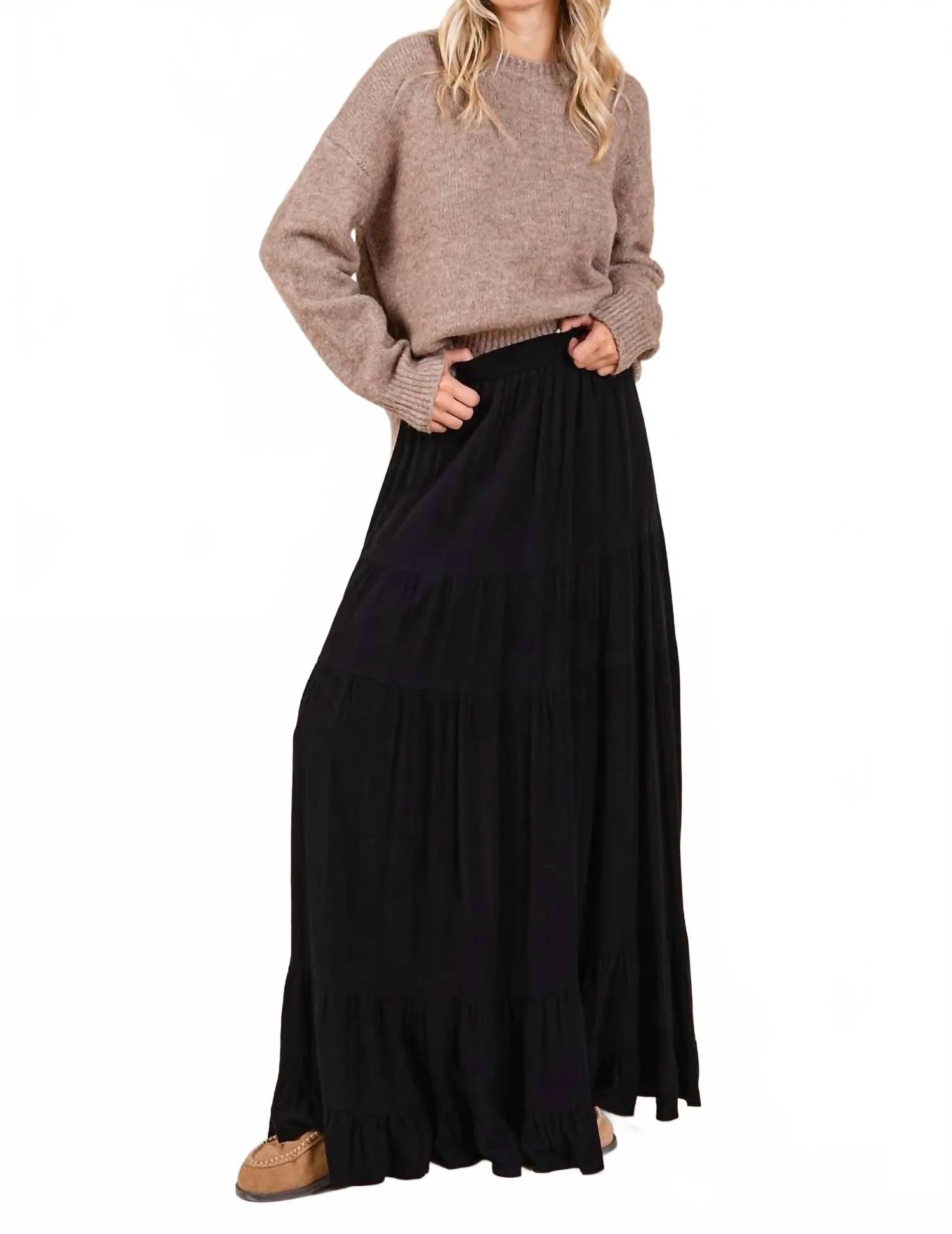 Flowy Tiered Elastic Waist Lined Maxi Skirt In Black