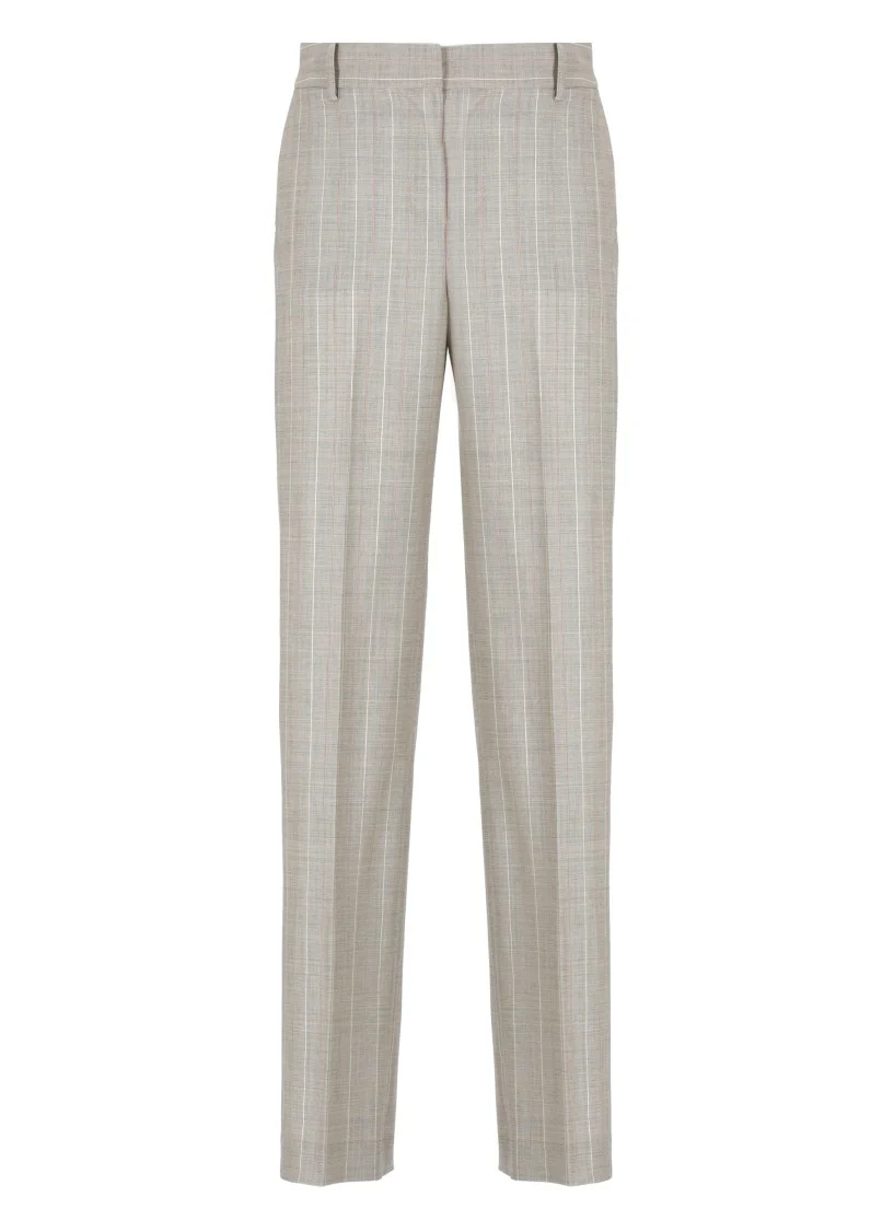 Beige Wool Palazzo Pants With Contrasting Striped Pattern