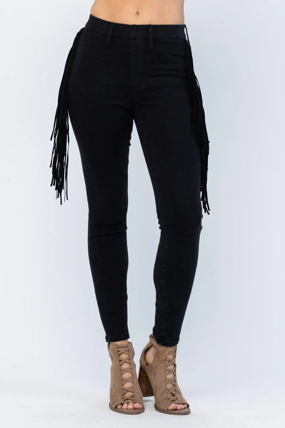 High Waist Side Fringe Skinny Jegging Denim Jeans In Black
