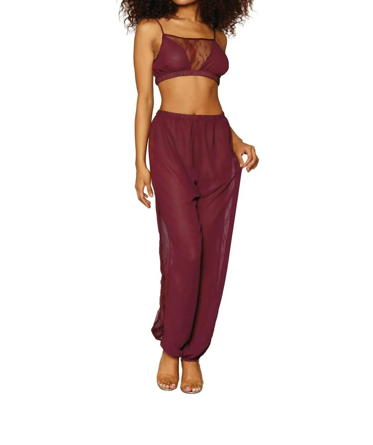 Chiffon And Lace Pajama Set In Burgundy
