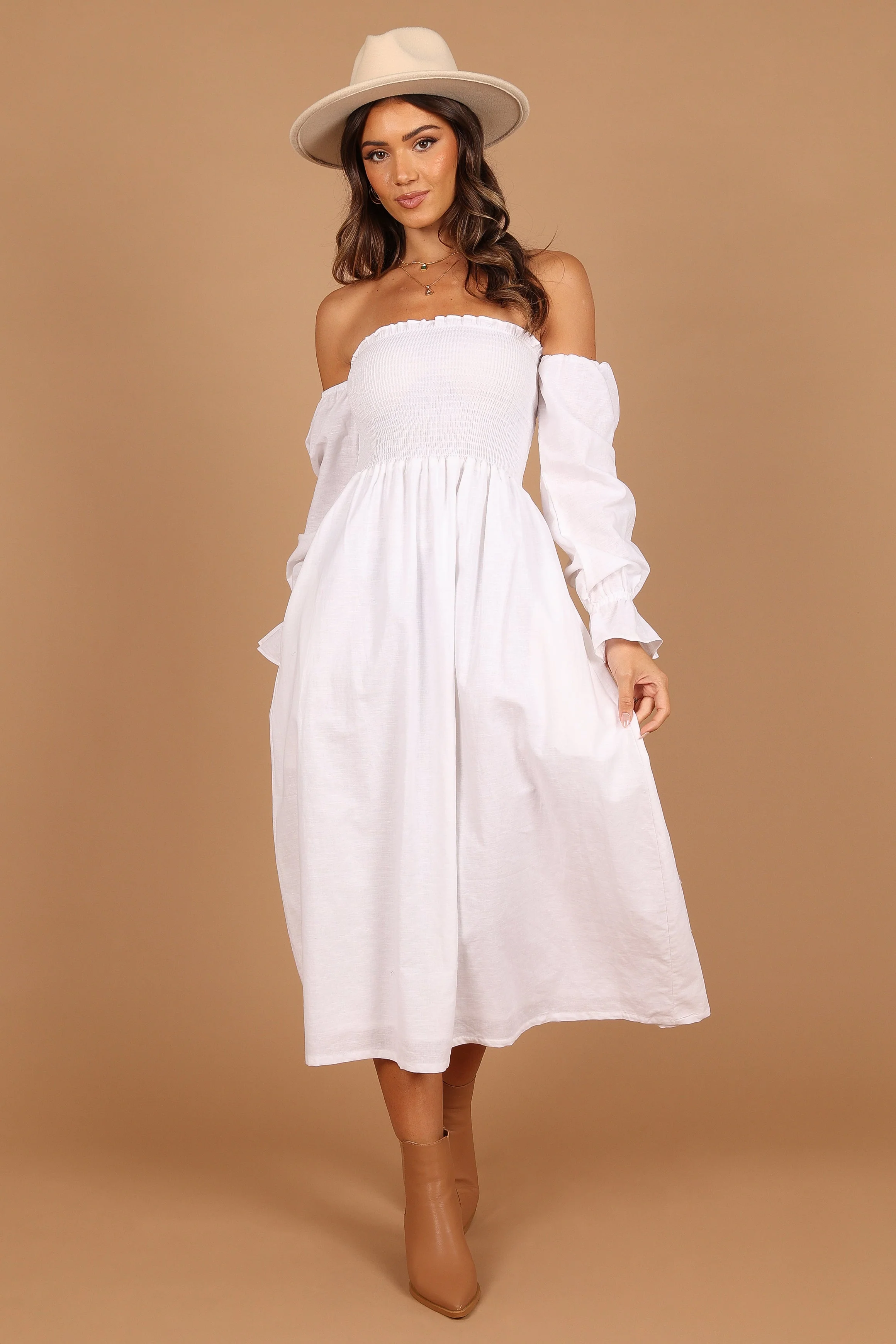 Domenica Shirred Long Sleeve Midi Dress - White