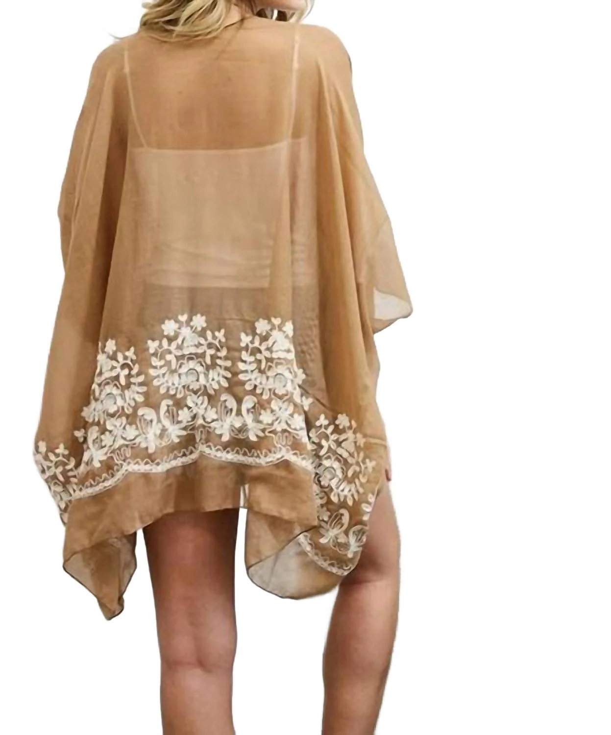 Lightweight Floral Embroidered Tassels Boho Festival Kimono Wrap In Mocha