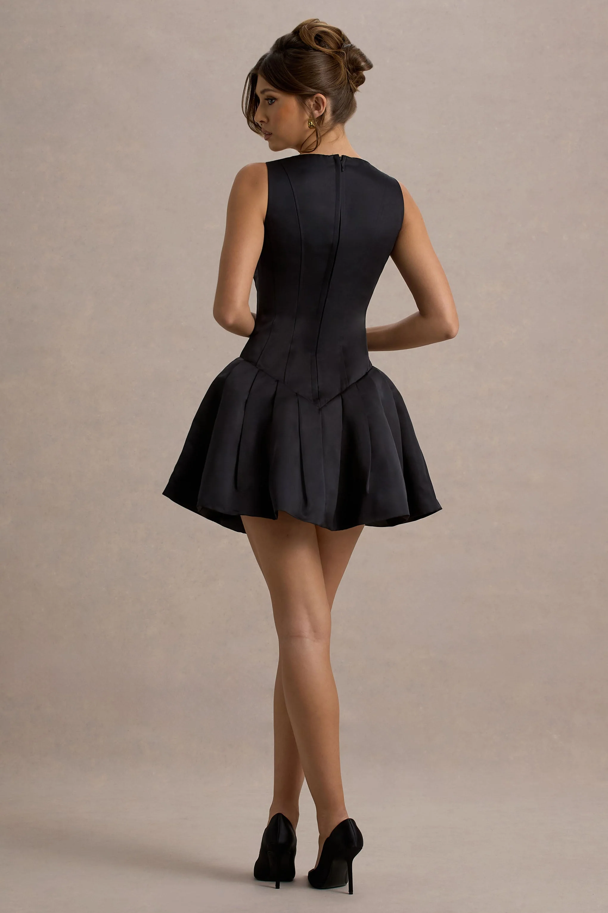 Bramble | Black Satin Square-Neck Puffball Mini Dress