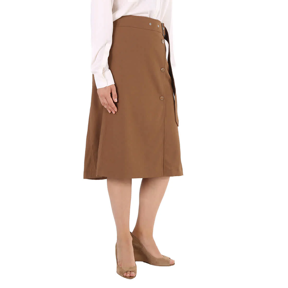 Burberry Ladies Keeley Warm Walnut Belted Mid-Length Skirt
