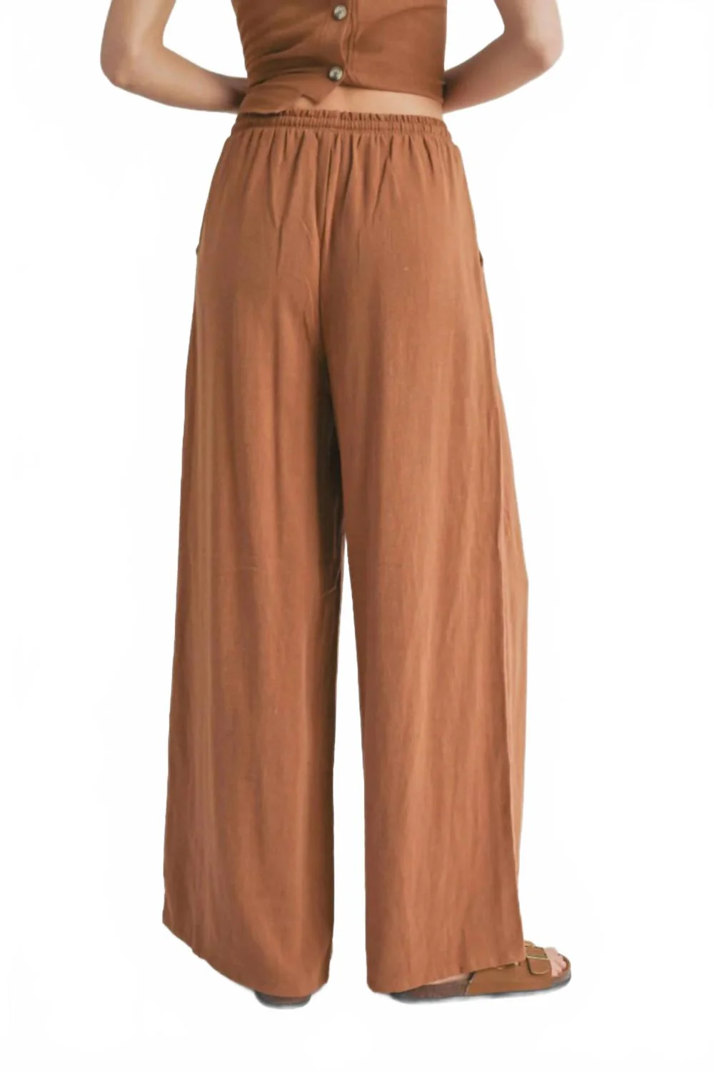 Sugarloaf Elastic Waist Linen Wide Leg Pants In Brown