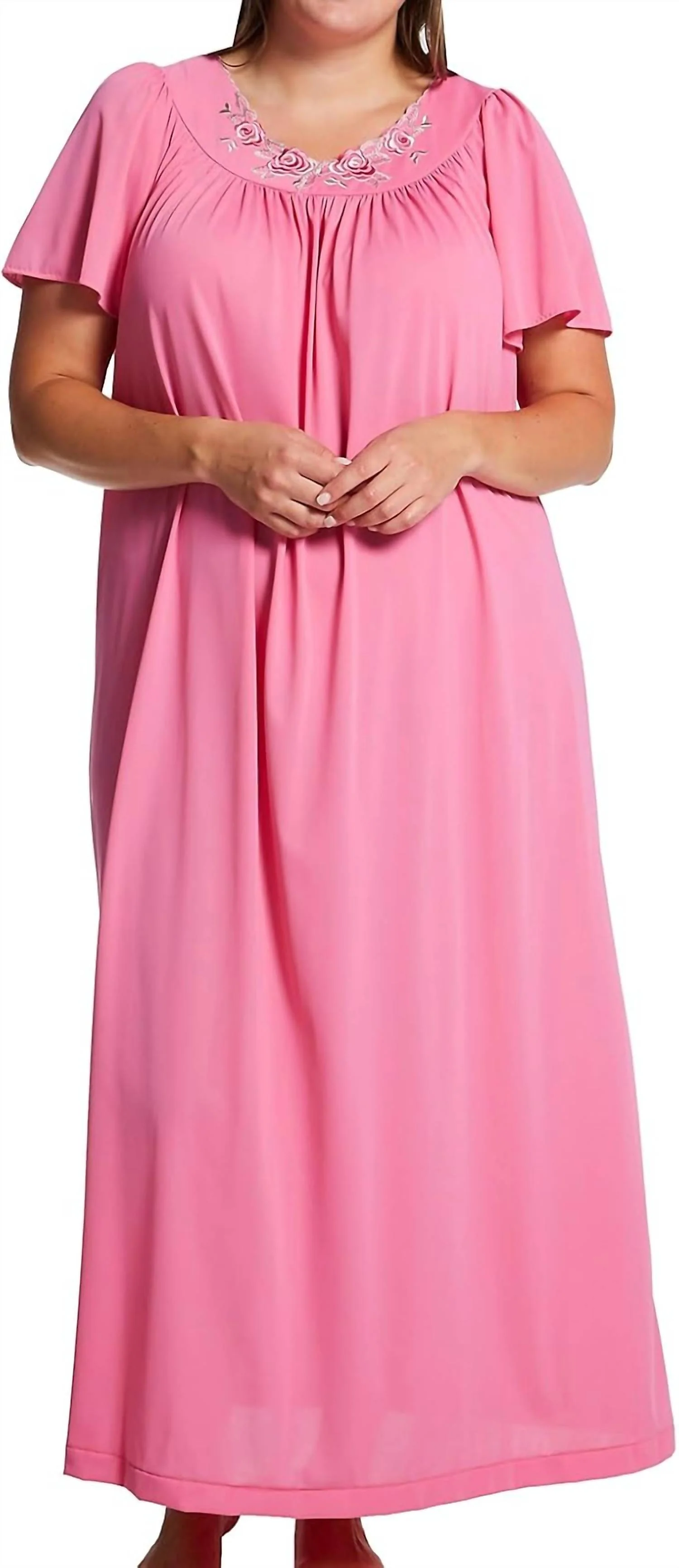 Flower Petal Embroidery And Flutter Sleeves Long Nightgown In Rosey Pink