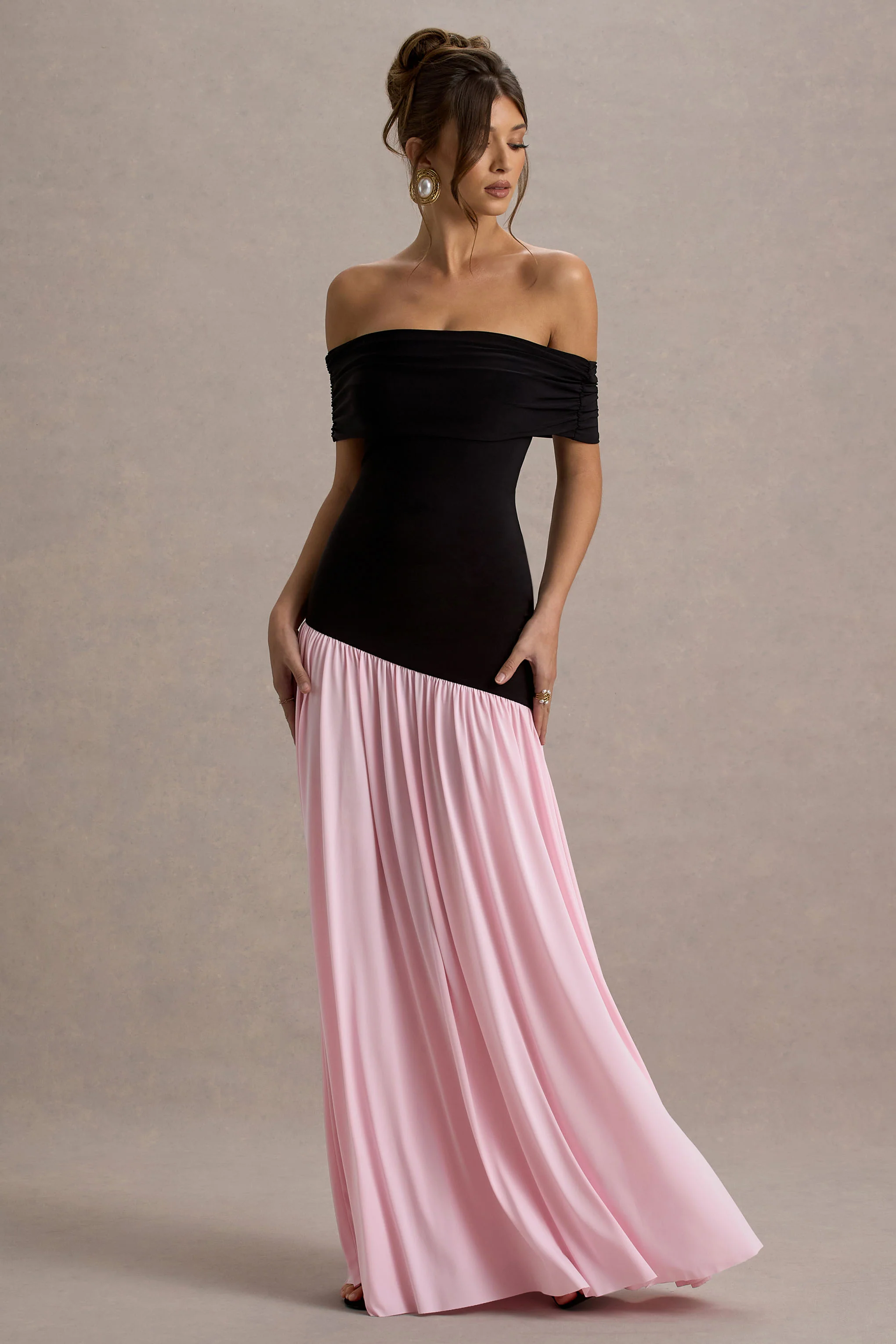 Venezia | Black & Pink Bardot Puff-Skirt Maxi Dress