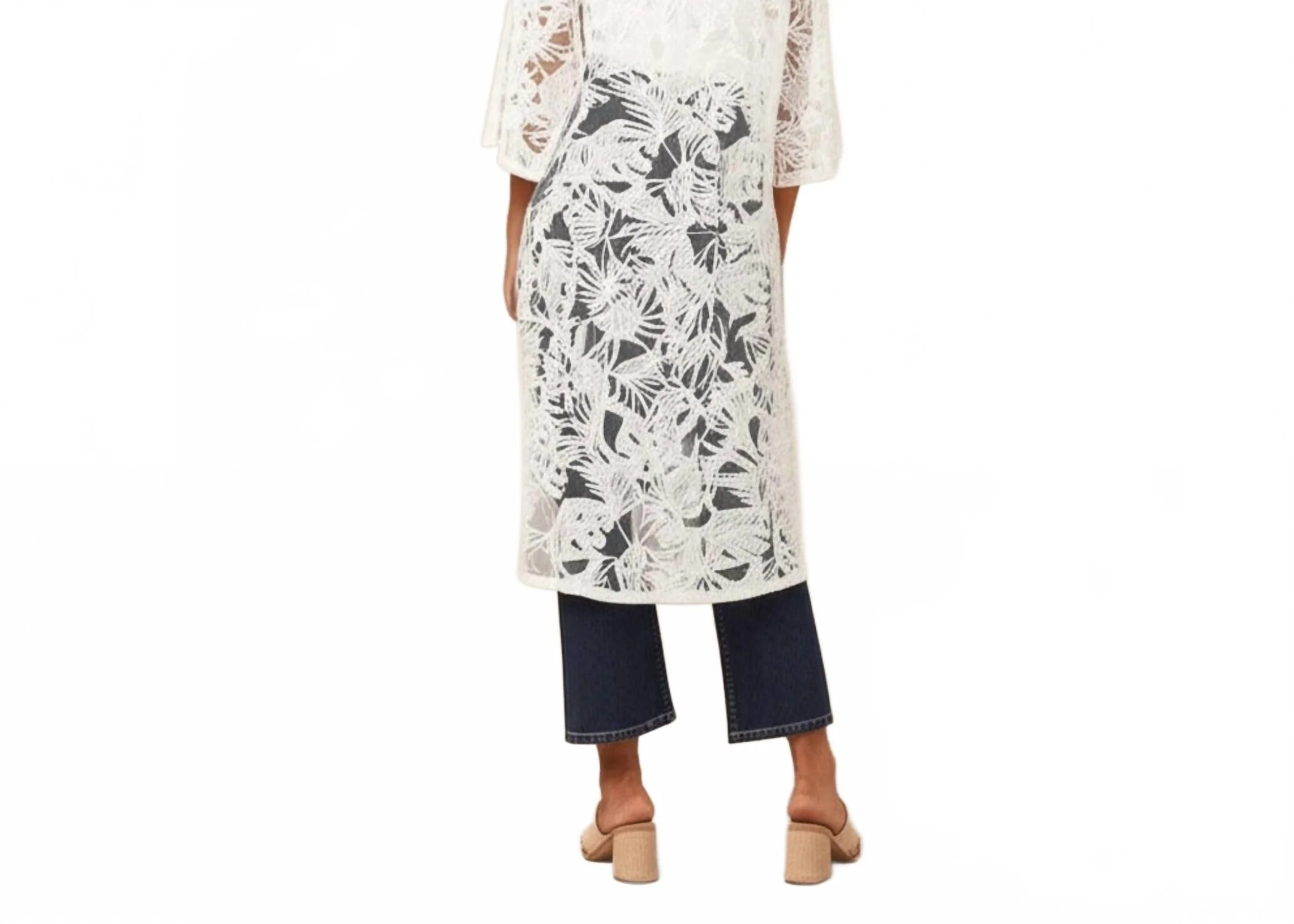 White Lace Kimono Tropical Leaf Design Resort Wear