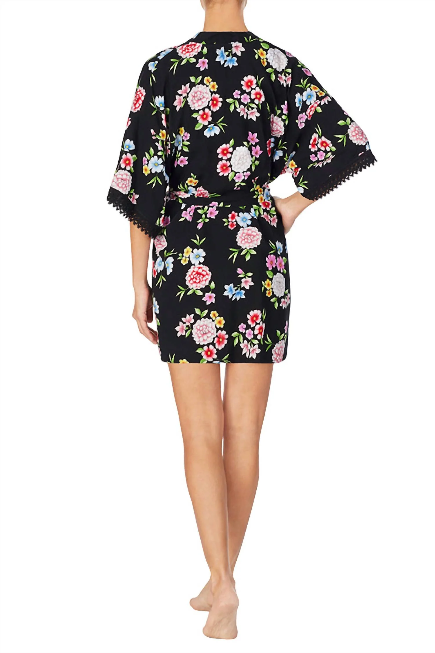 V Neck Wrap Robe In Black Floral