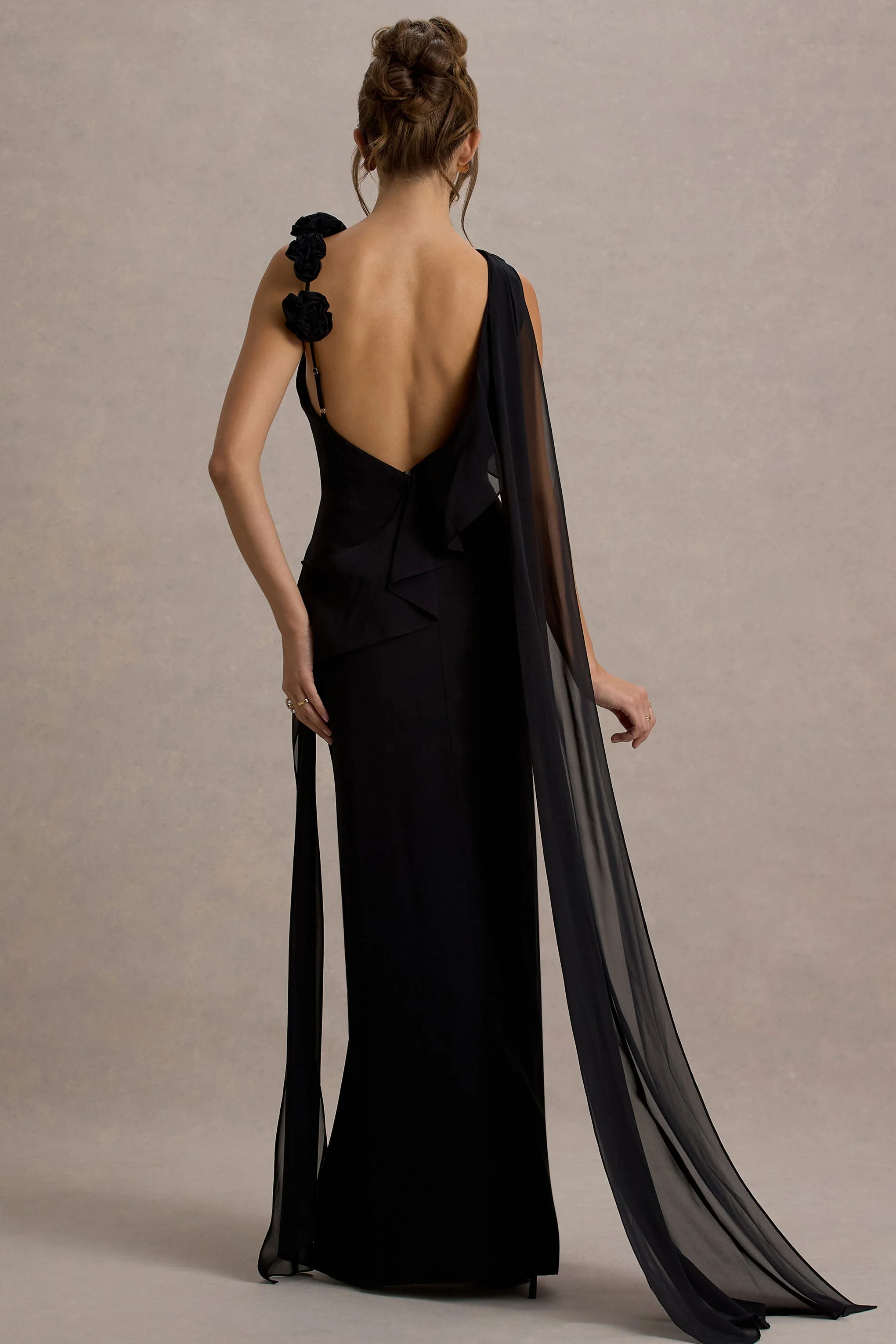 Angeline | Black Chiffon Draped Split Maxi Dress With Corsages