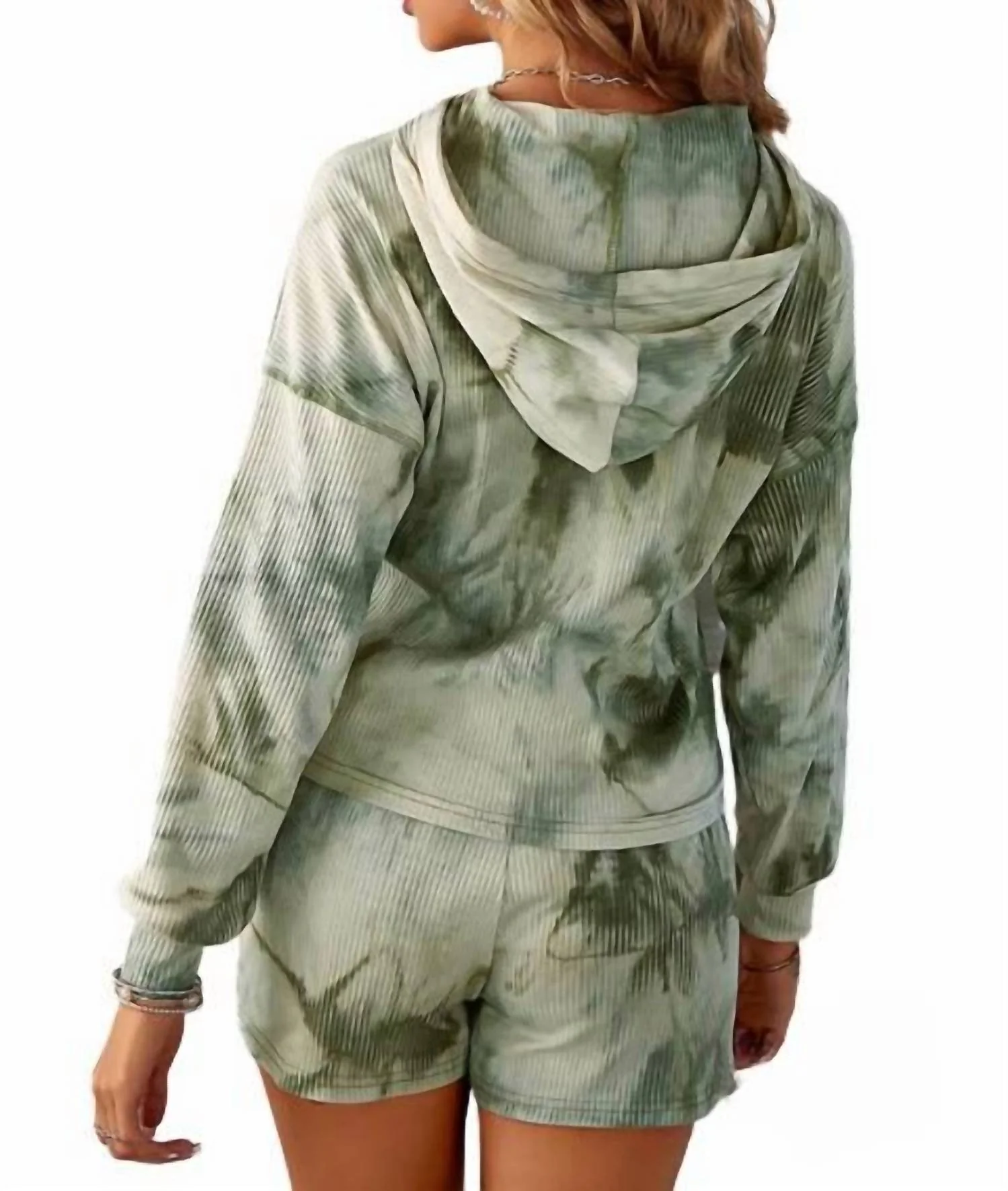 Jessica Waffle Tie Dye Hoodie And Short Set In Olive
