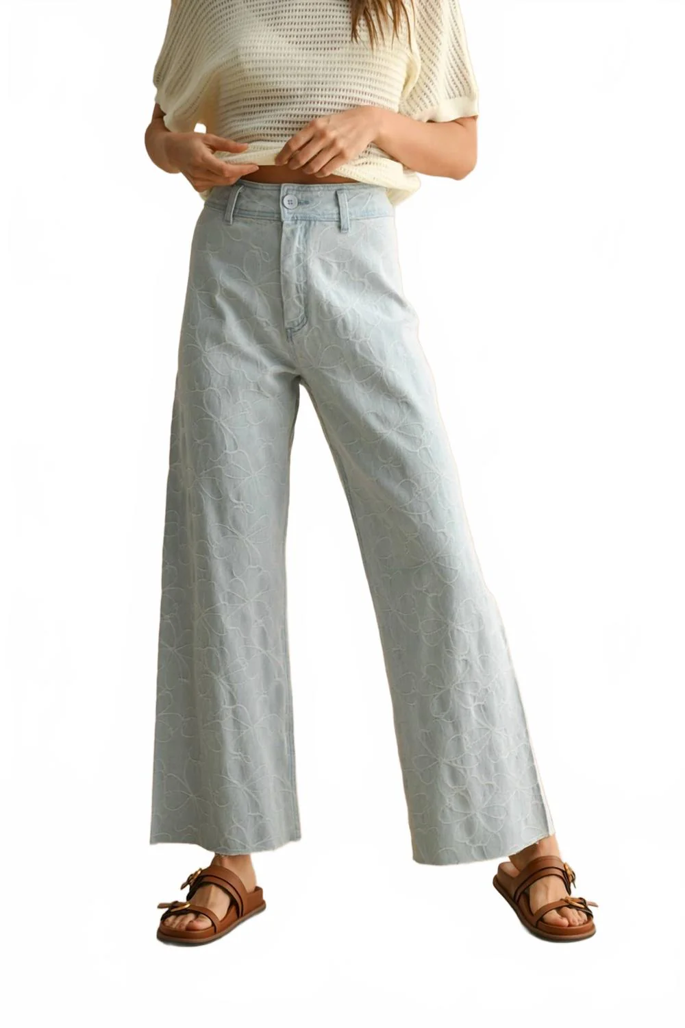 Floral Stitch Pattern Denim Pants In Light Denim