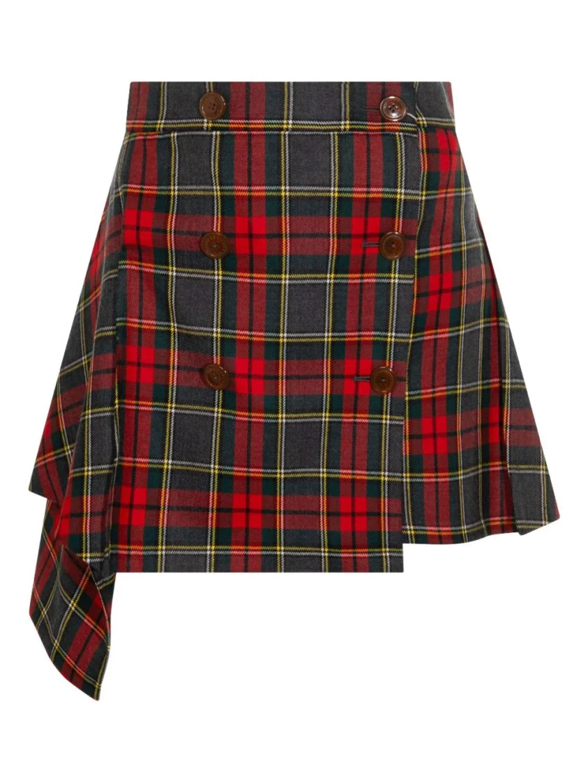 Asymmetric Wrap Skirt With Check Pattern And Button Fastening