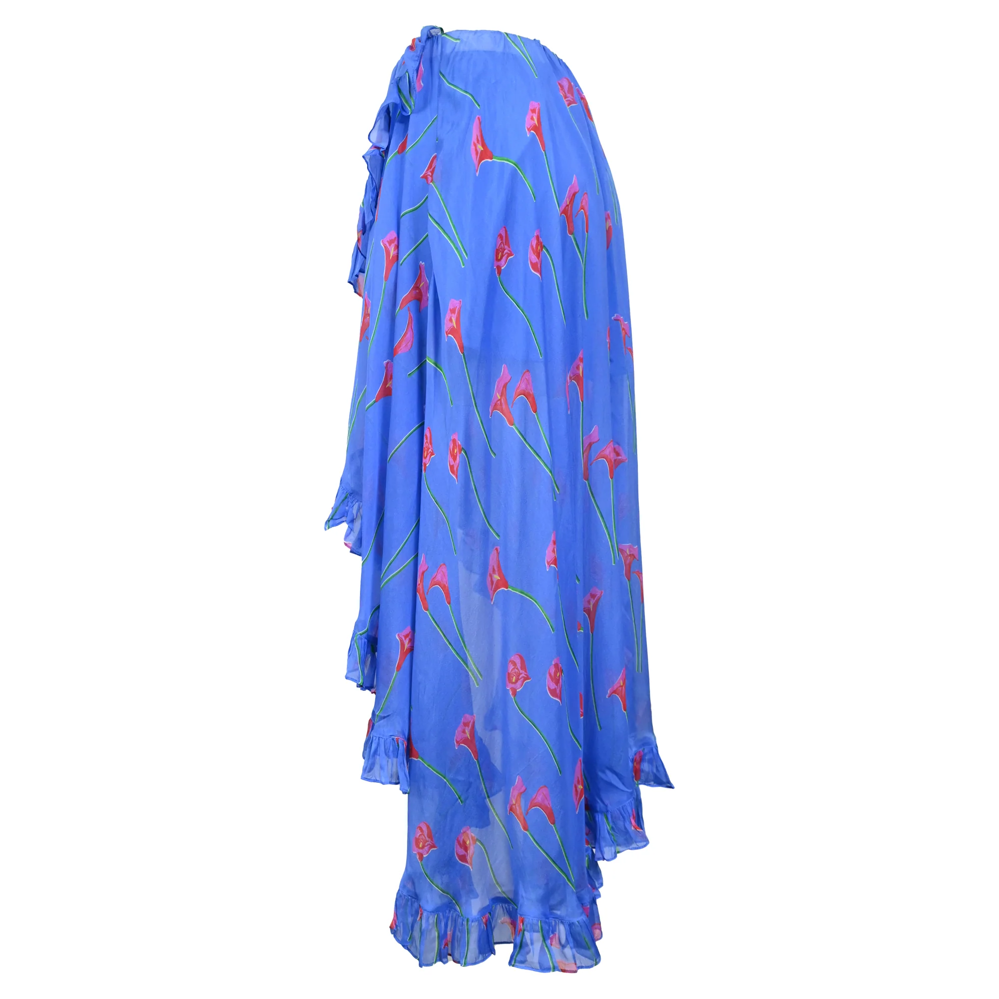 Caroline Constas Printed Ruffled Asymmetric Hem Adelle Midi Skirt in Blue Silk