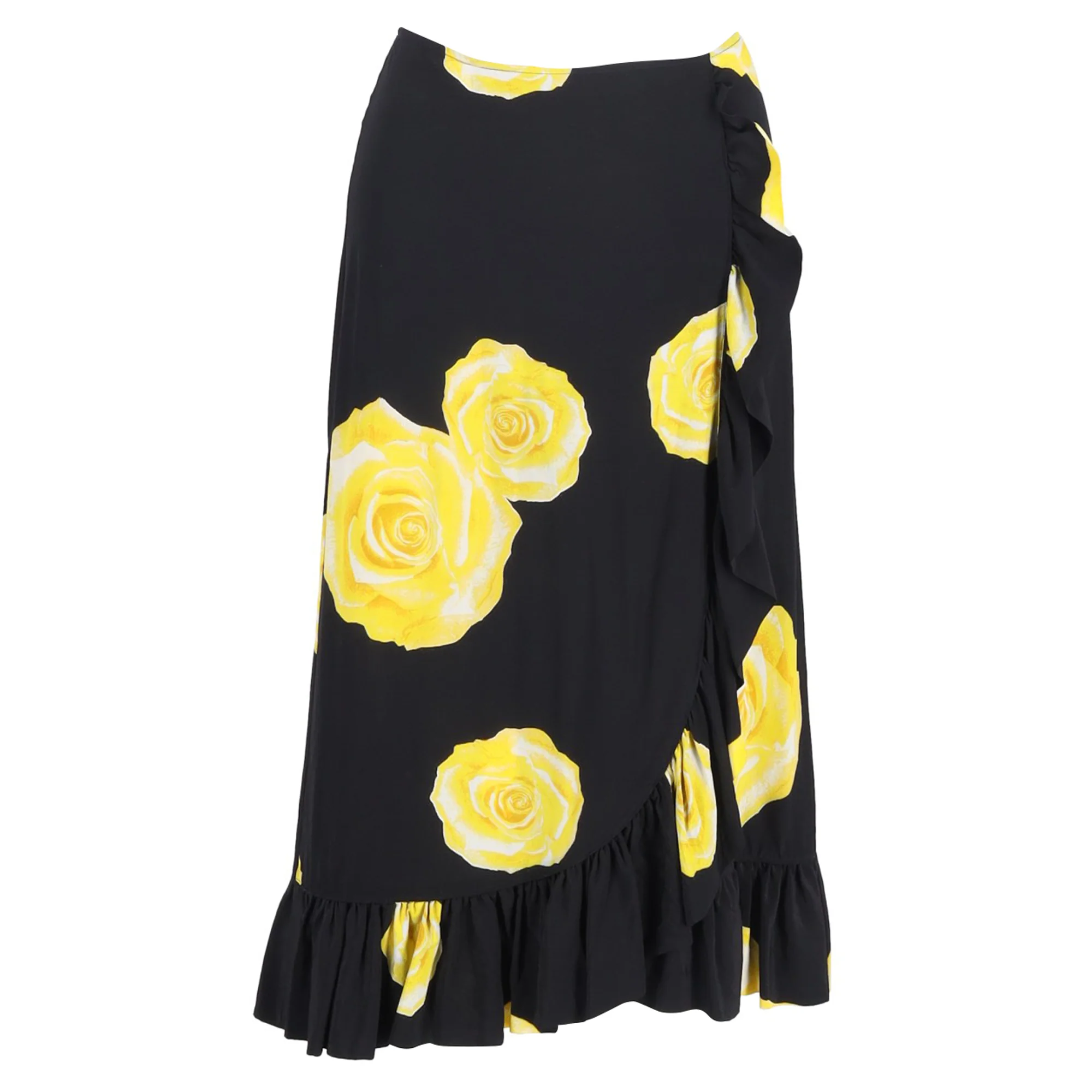Ganni Floral Printed Midi ruffled Skirt in Black Silk
