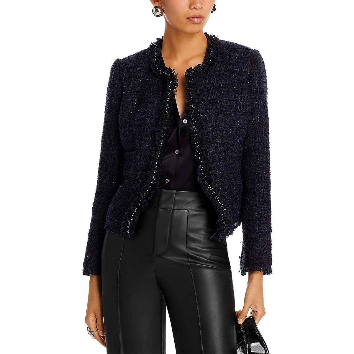 Womens Peplum Tweed Collarless Blazer