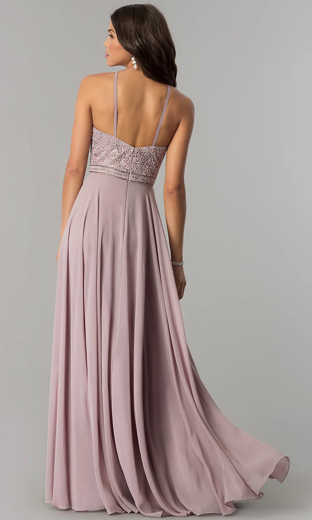 Embroidered-Bodice Long Formal Chiffon Prom Dress