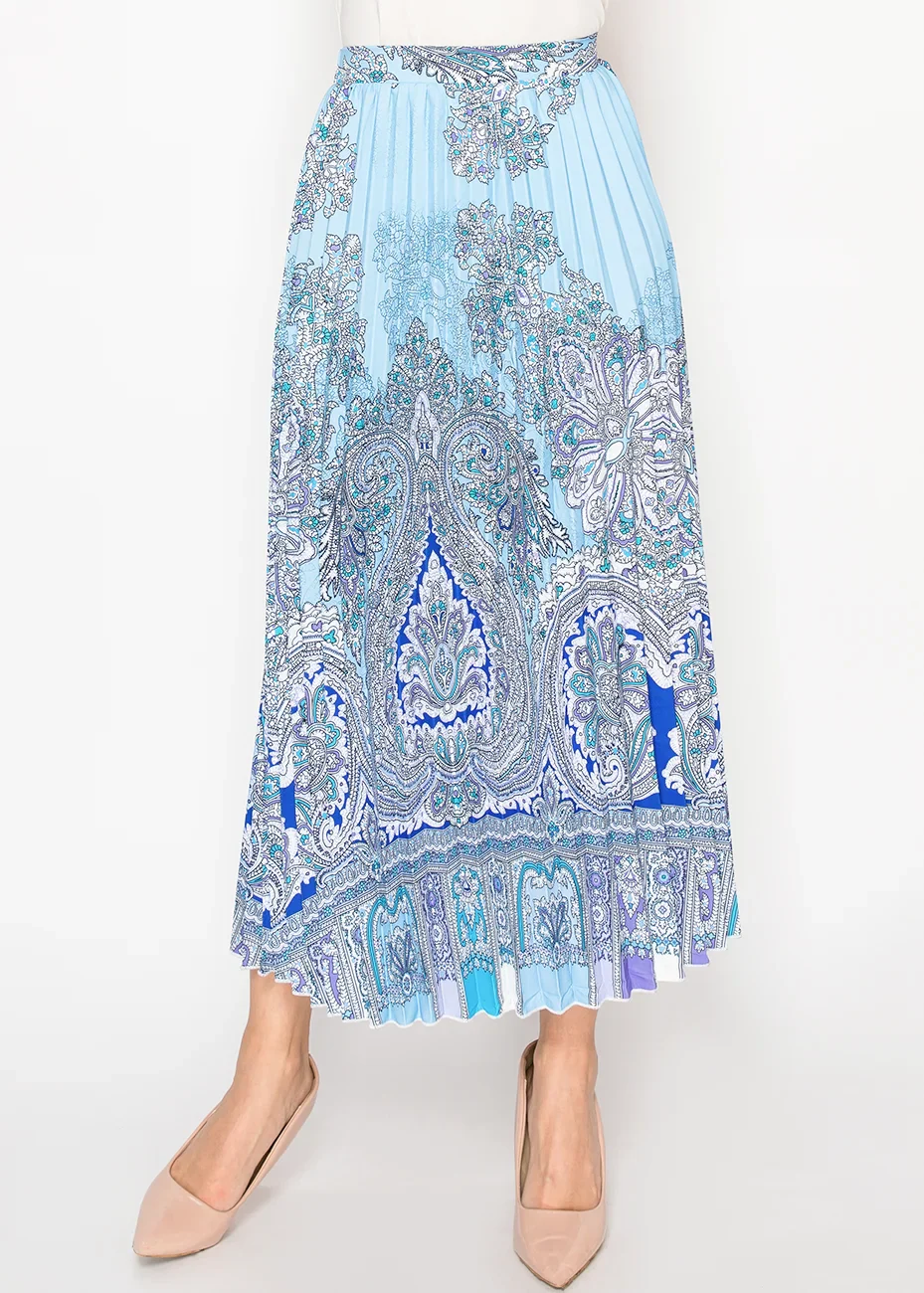 Sky Blue Ornamental Pleated Skirt
