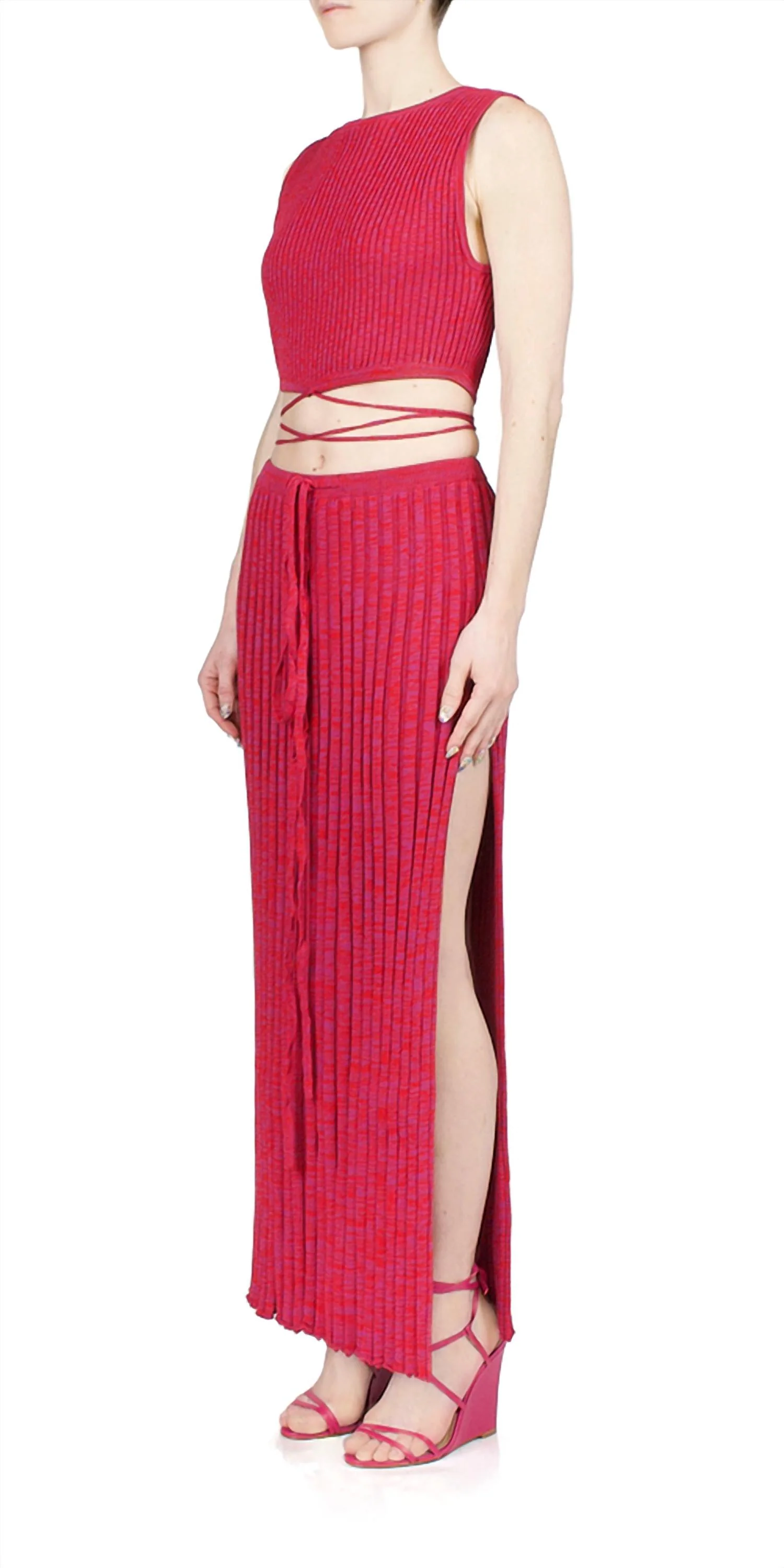 Pleated Knit Tie Skirt In Raspberry