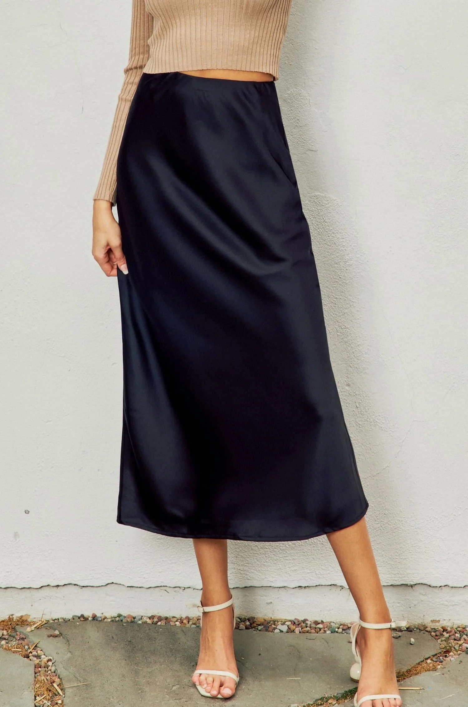 Satin Midi Skirt In Black