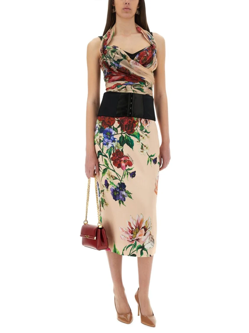 Flower Print Satin Midi Pencil Skirt