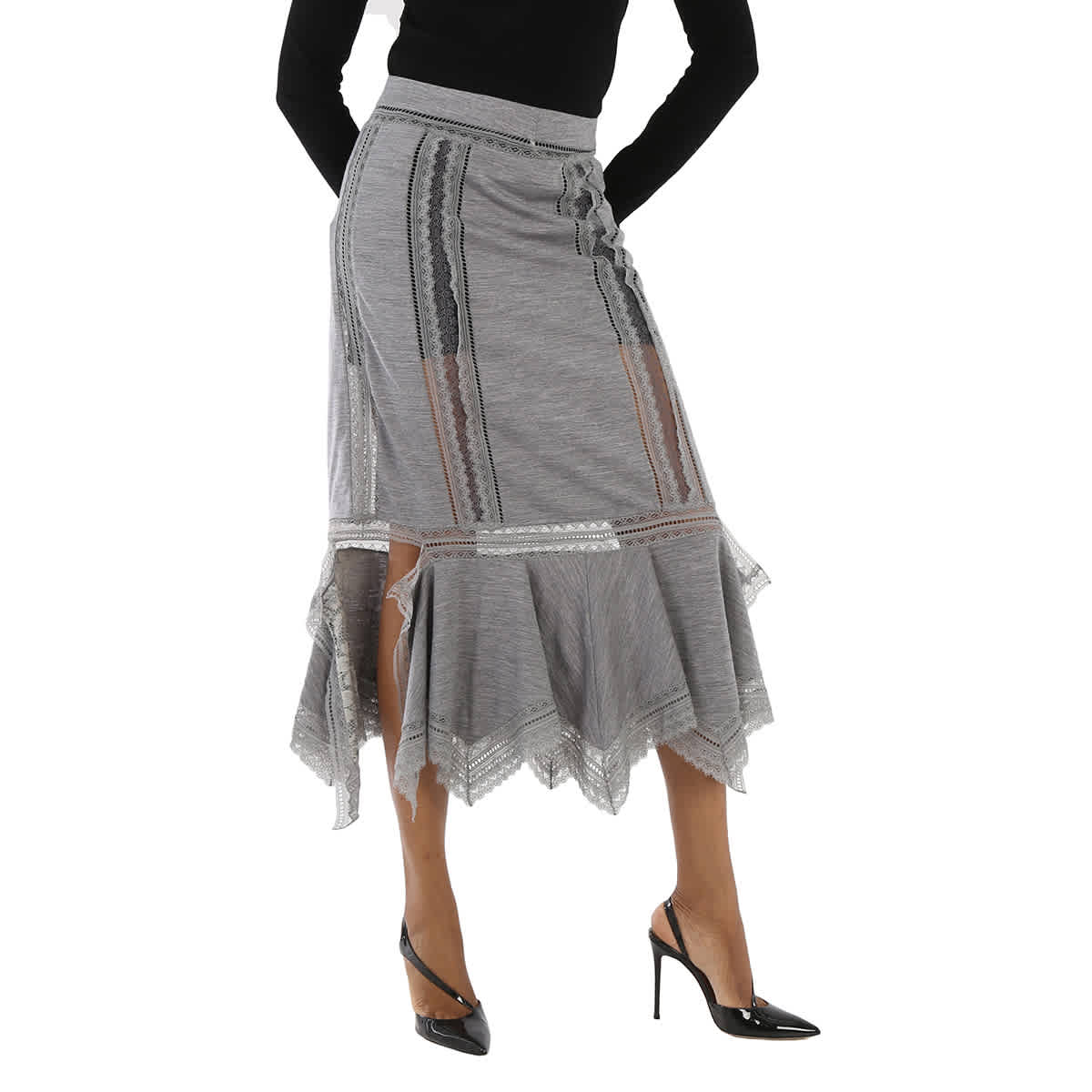 Burberry Ladies Cloud Grey Chantilly Lace And Wool Jersey Skirt