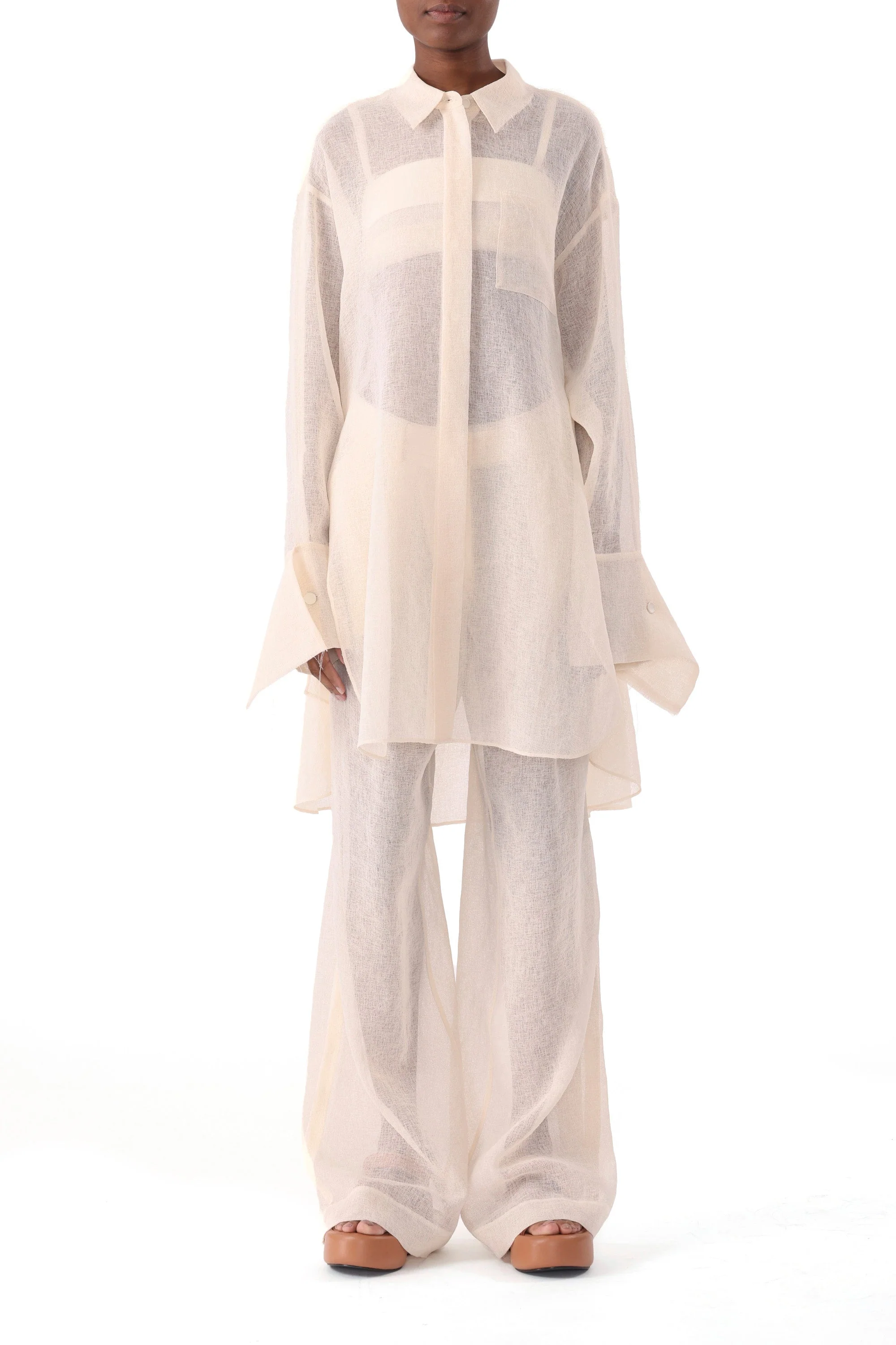 HIGH RISE PLEAT FRONT STRAIGHT LEG GAUZE PANT