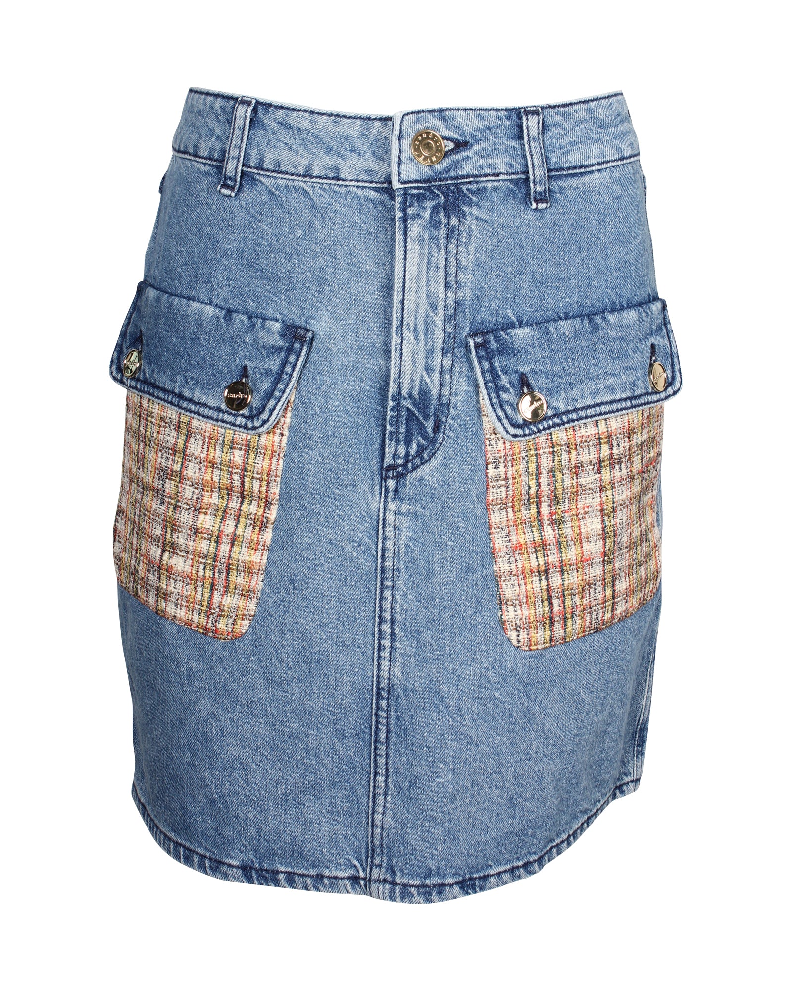 Sandro Paris Fiorina Tweed-Paneled Denim Skirt in Blue Cotton